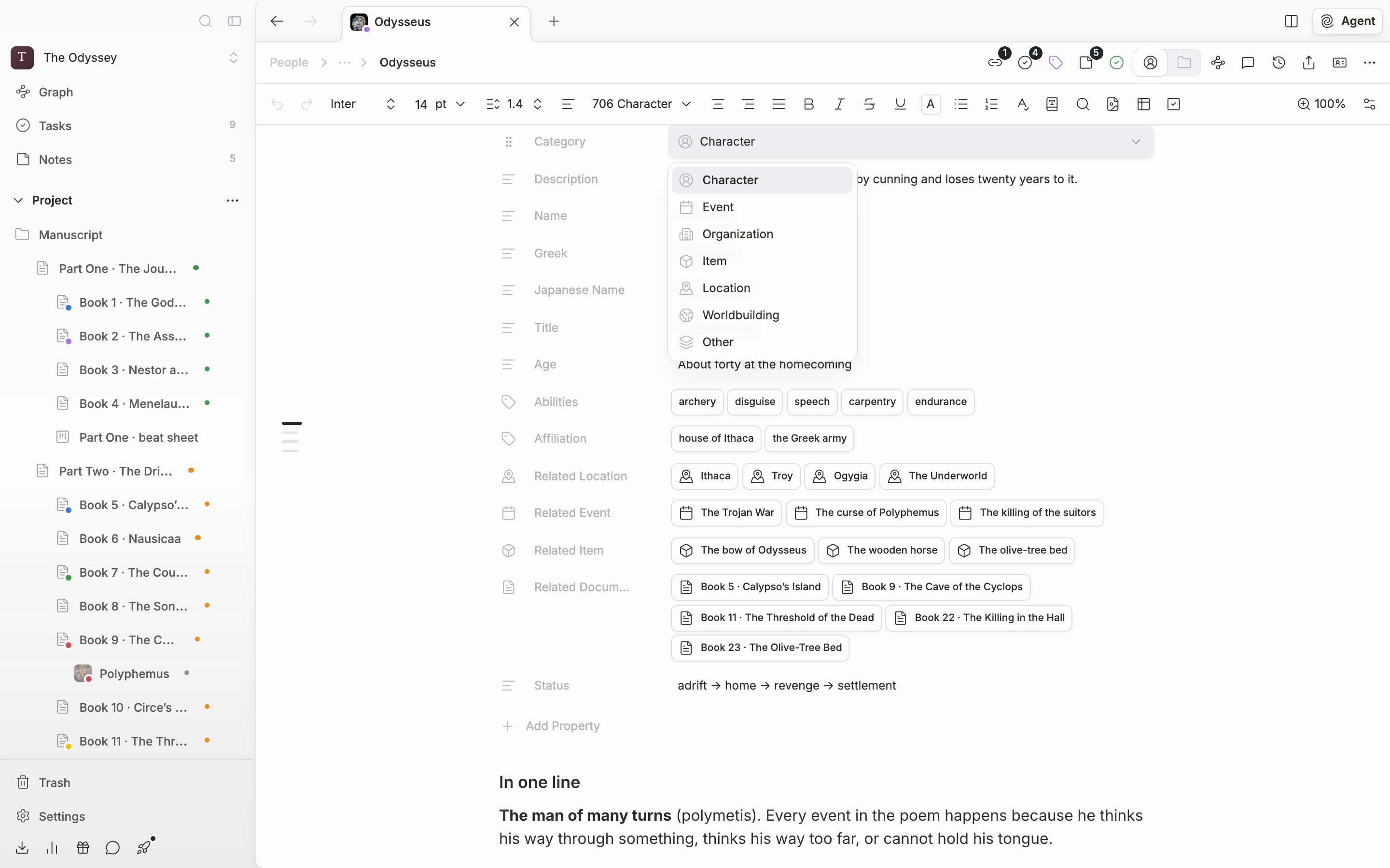 A character sheet is open with the value on the “Category” row clicked so the dropdown is expanded. Character, the current category, is highlighted and the other six appear with their icons.