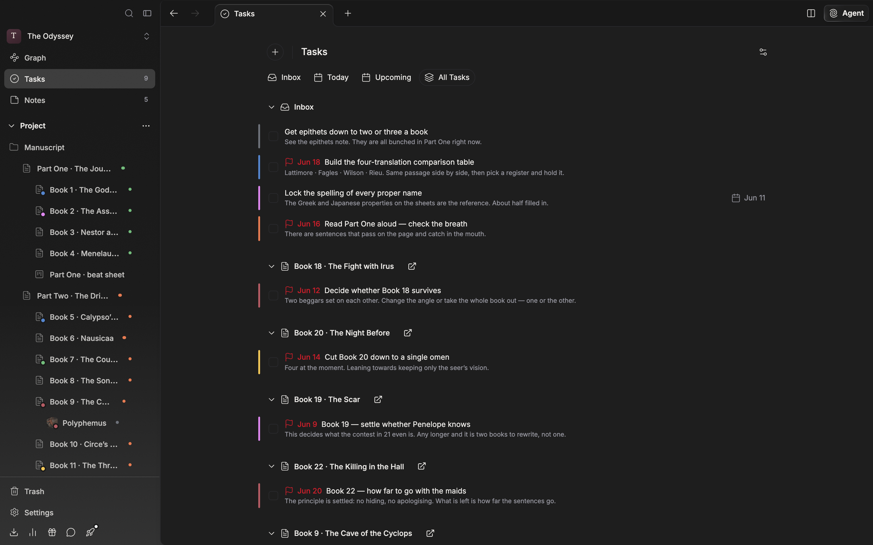 The “All Tasks” tab is selected. Two or three document and sheet groups are expanded alongside the “Inbox” group, and the + button at the top left, the “Tasks” heading, the four tabs, and the gear icon on the right are all inside one frame.