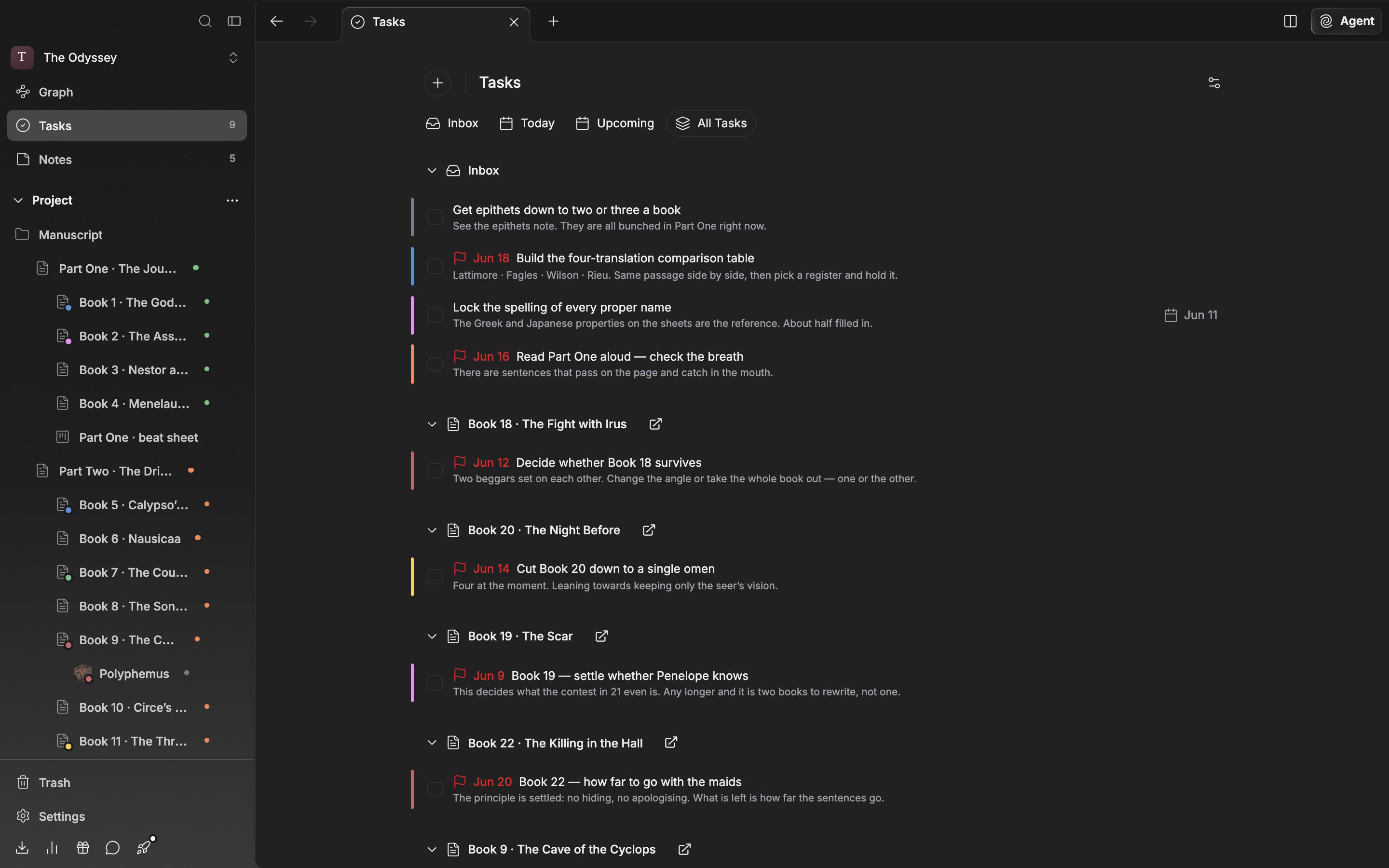 The “All Tasks” tab is selected. Two or three document and sheet groups are expanded alongside the “Inbox” group, and the + button at the top left, the “Tasks” heading, the four tabs, and the gear icon on the right are all inside one frame.