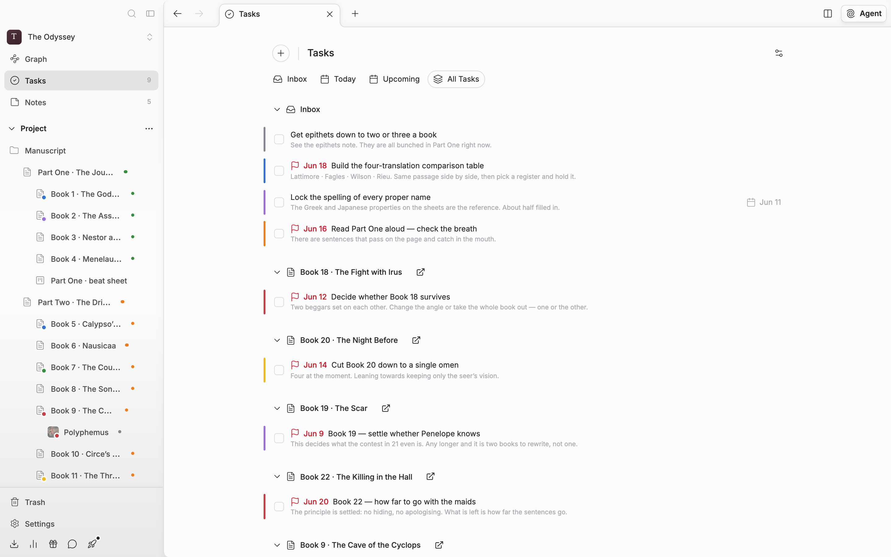 The “All Tasks” tab is selected. Two or three document and sheet groups are expanded alongside the “Inbox” group, and the + button at the top left, the “Tasks” heading, the four tabs, and the gear icon on the right are all inside one frame.