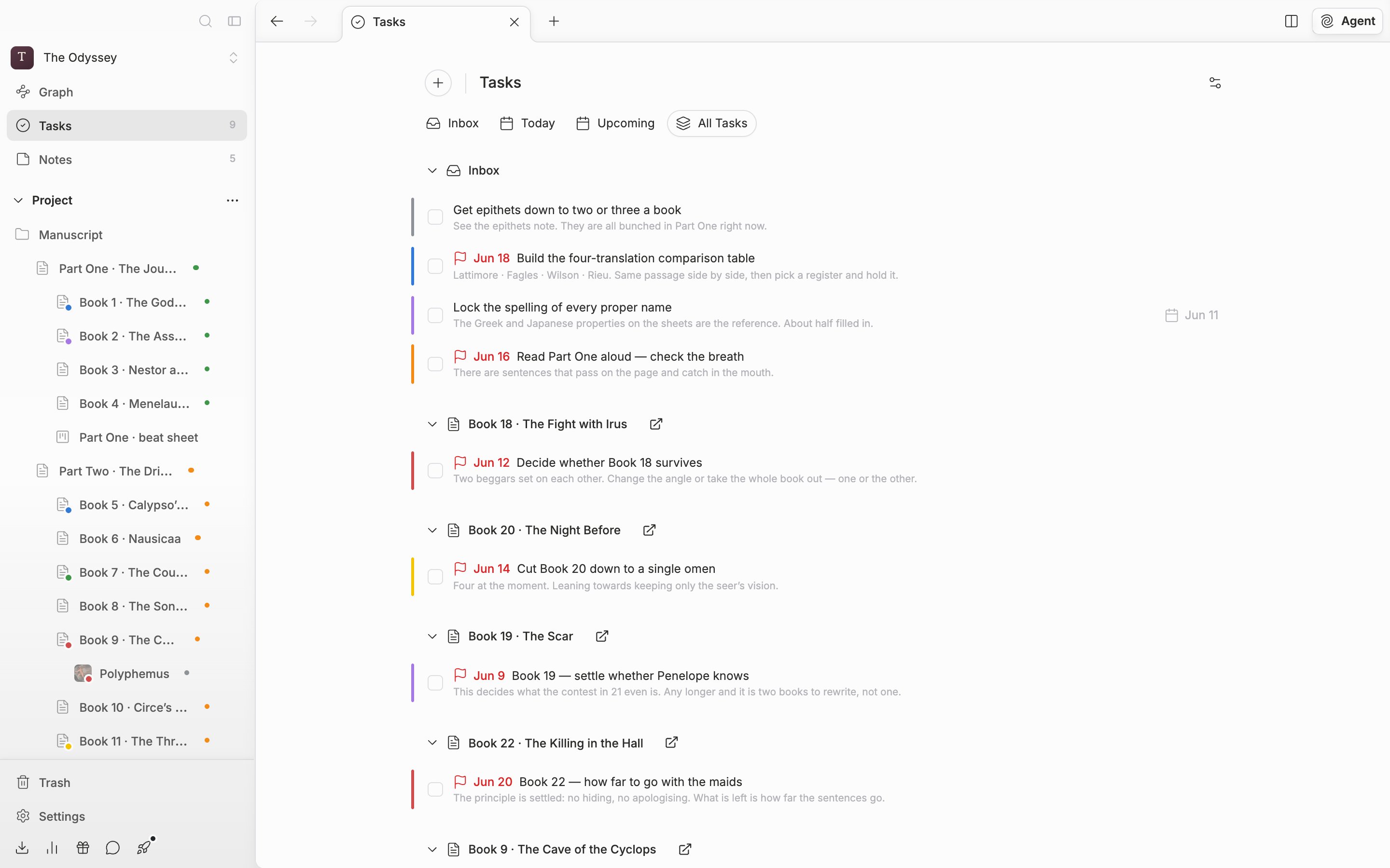 The “All Tasks” tab is selected. Two or three document and sheet groups are expanded alongside the “Inbox” group, and the + button at the top left, the “Tasks” heading, the four tabs, and the gear icon on the right are all inside one frame.
