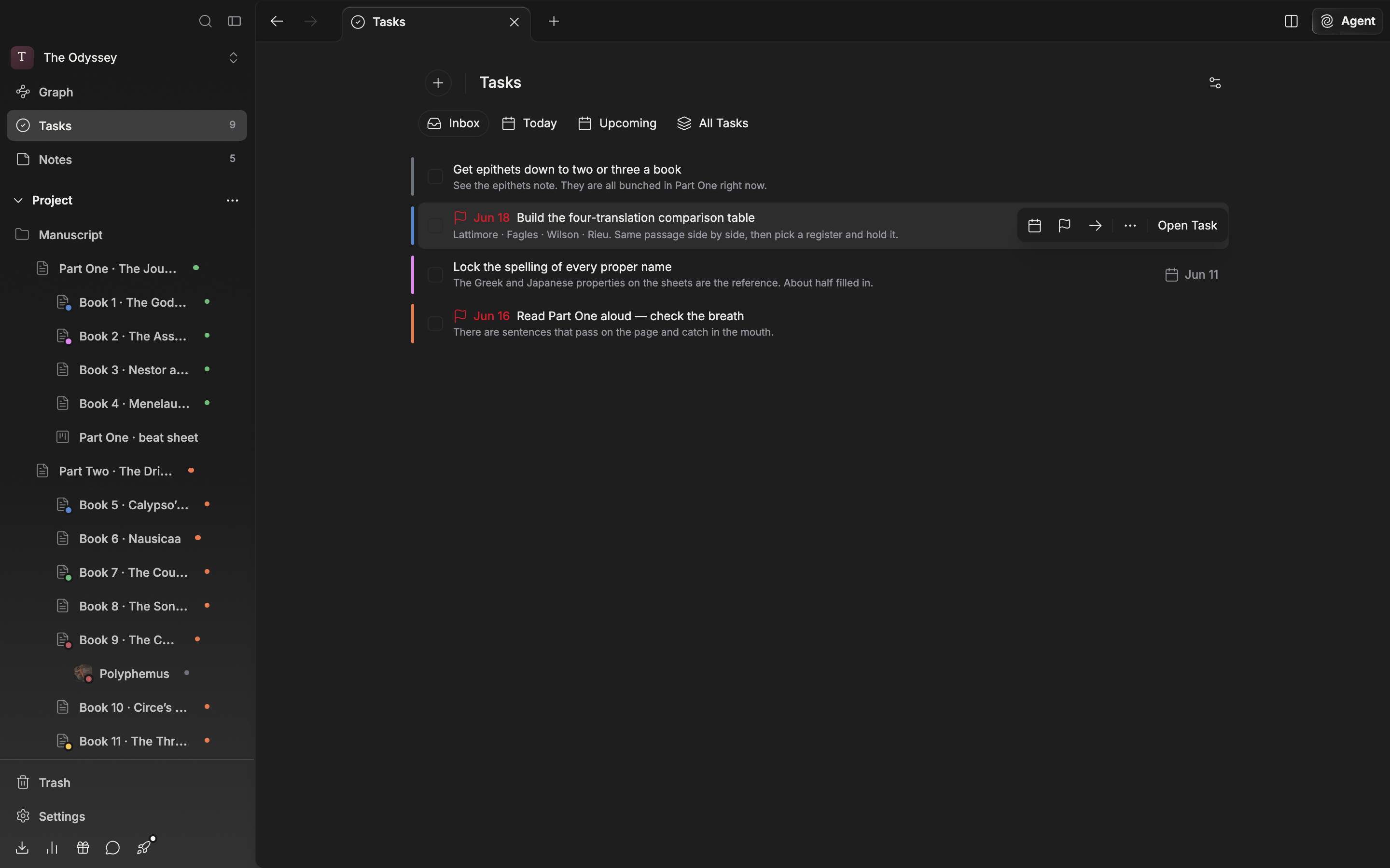 The “Inbox” tab. The cursor rests on one task row so the action strip is showing on the right. The Schedule, Deadline, and Move to icons and the “Open Task” button are all visible, with one row that carries a deadline and one that does not, above and below it.
