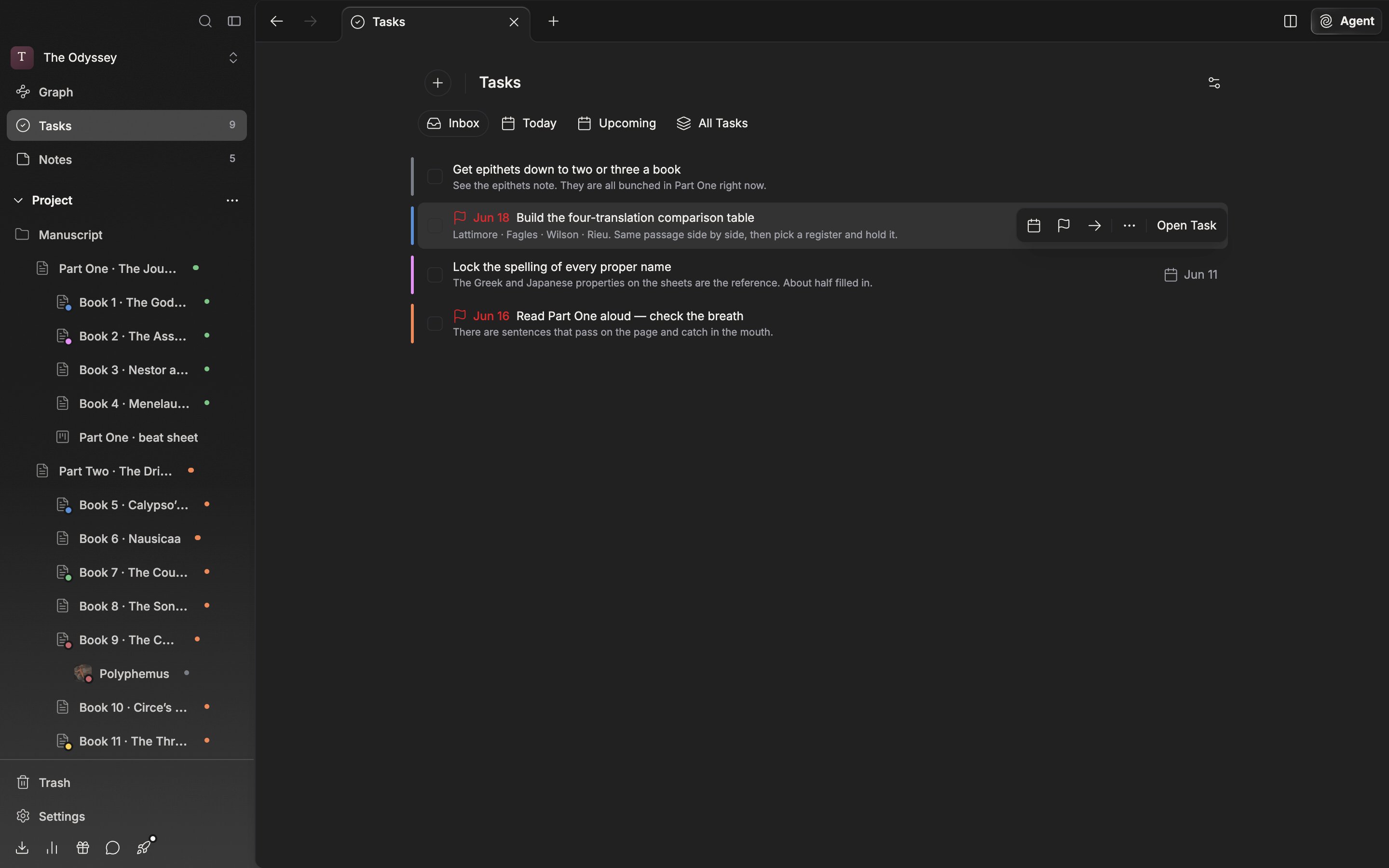 The “Inbox” tab. The cursor rests on one task row so the action strip is showing on the right. The Schedule, Deadline, and Move to icons and the “Open Task” button are all visible, with one row that carries a deadline and one that does not, above and below it.