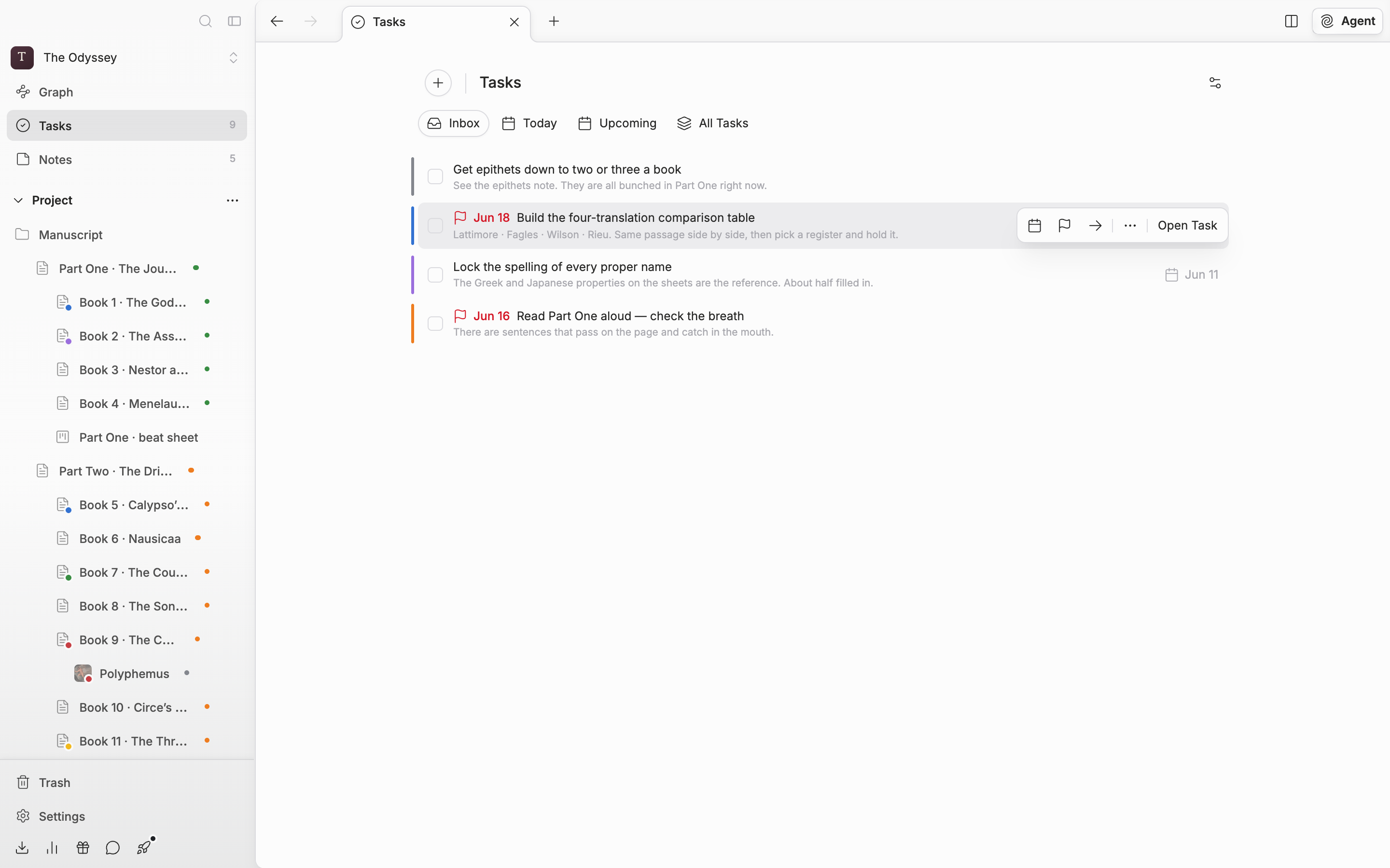 The “Inbox” tab. The cursor rests on one task row so the action strip is showing on the right. The Schedule, Deadline, and Move to icons and the “Open Task” button are all visible, with one row that carries a deadline and one that does not, above and below it.