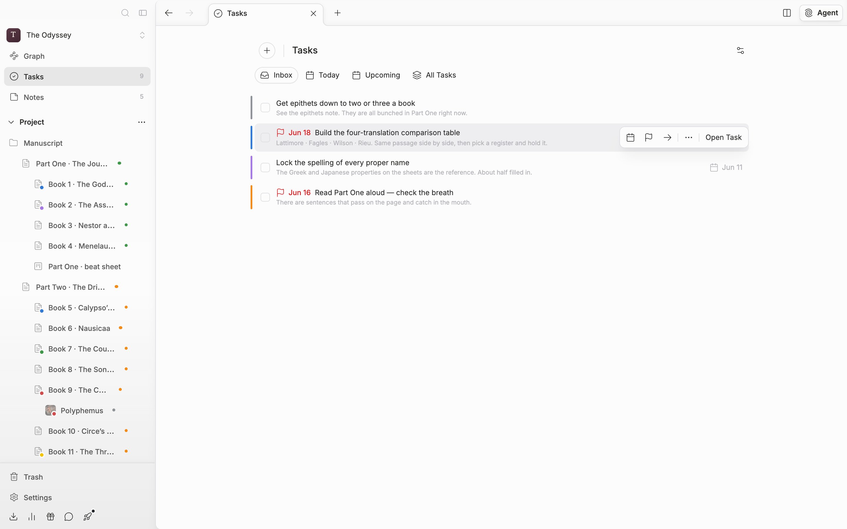 The “Inbox” tab. The cursor rests on one task row so the action strip is showing on the right. The Schedule, Deadline, and Move to icons and the “Open Task” button are all visible, with one row that carries a deadline and one that does not, above and below it.