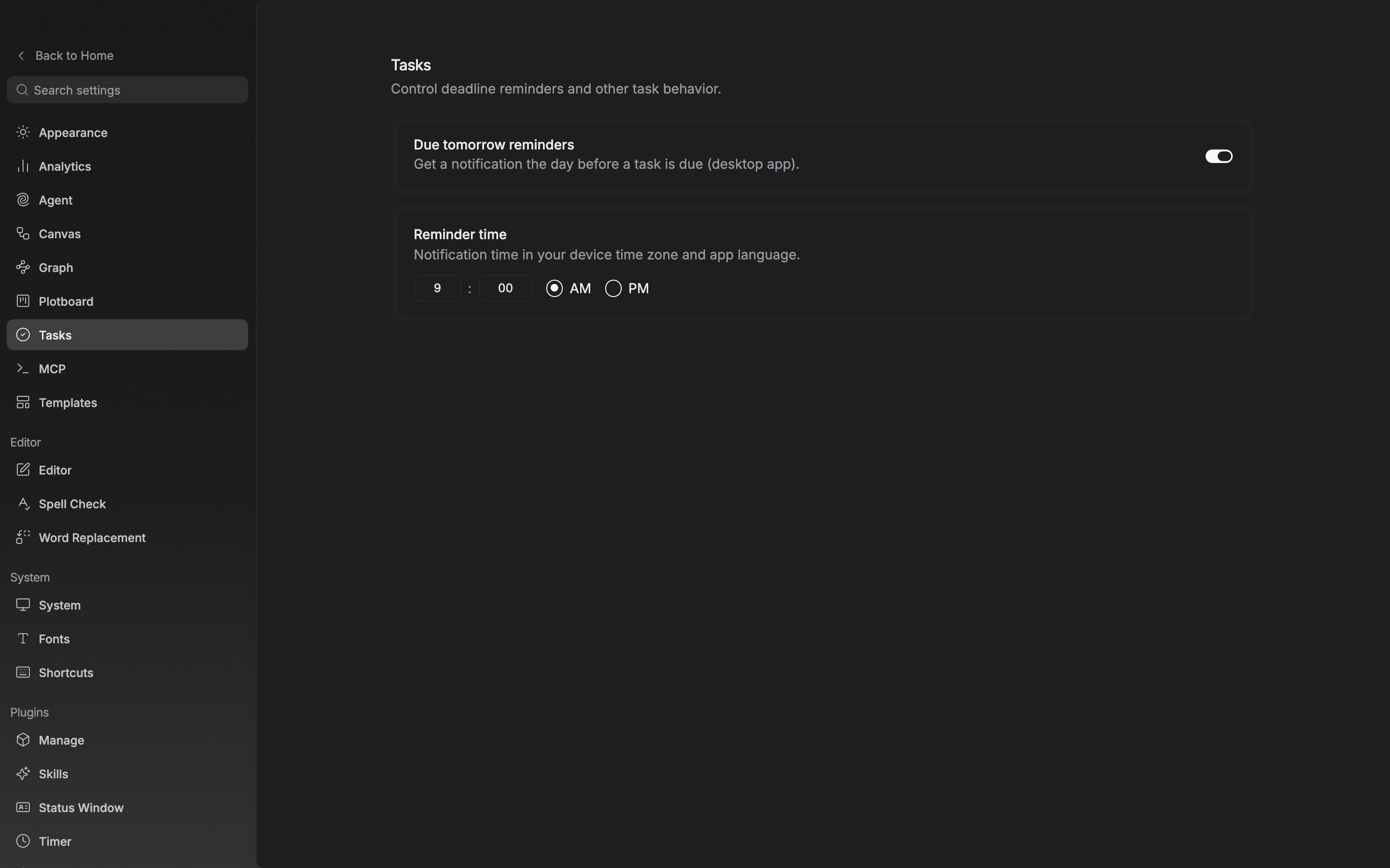 The “Tasks” tab of the settings window. The “Due tomorrow reminders” switch is on and “Reminder time” is set to 9:00 AM.