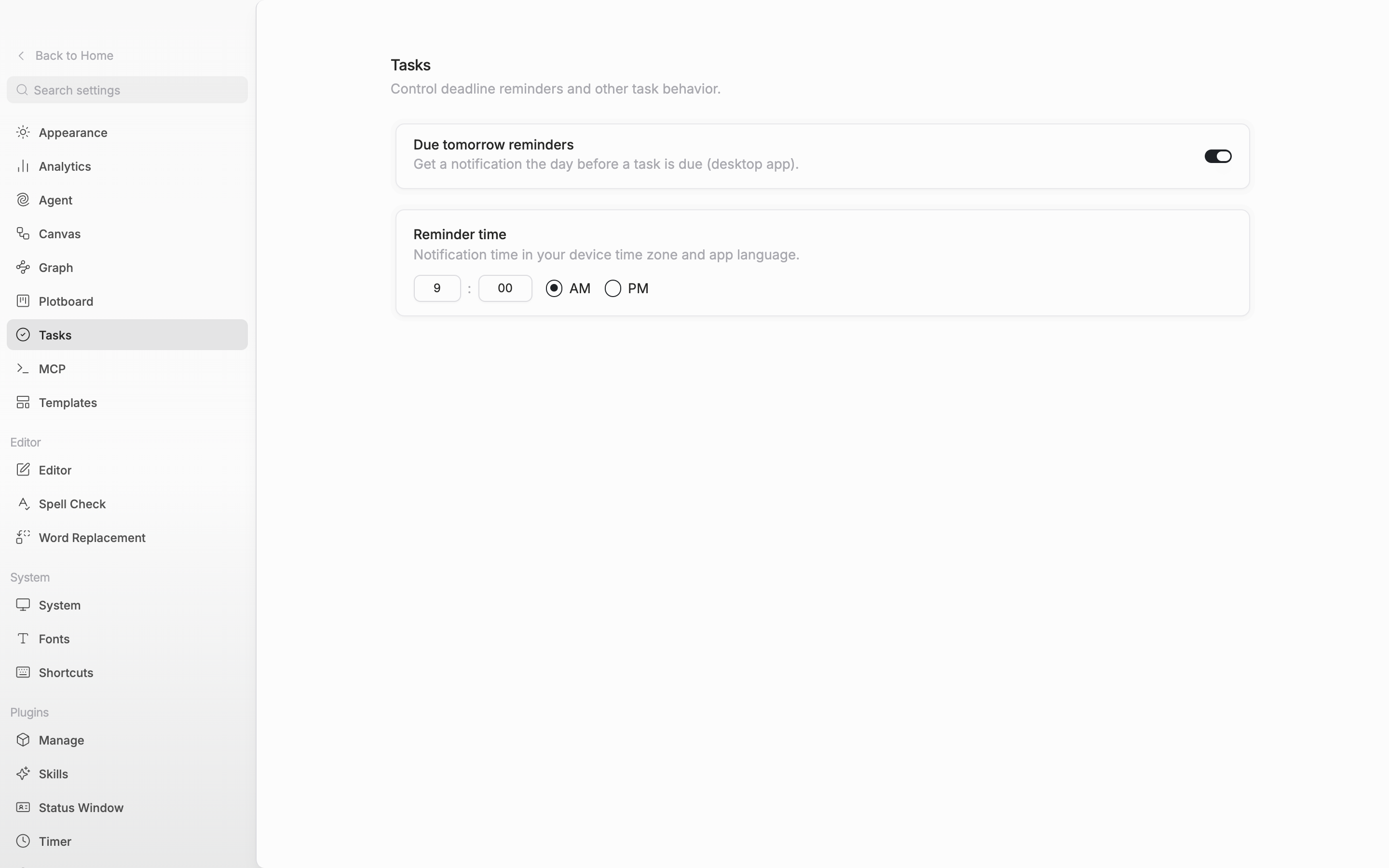 The “Tasks” tab of the settings window. The “Due tomorrow reminders” switch is on and “Reminder time” is set to 9:00 AM.