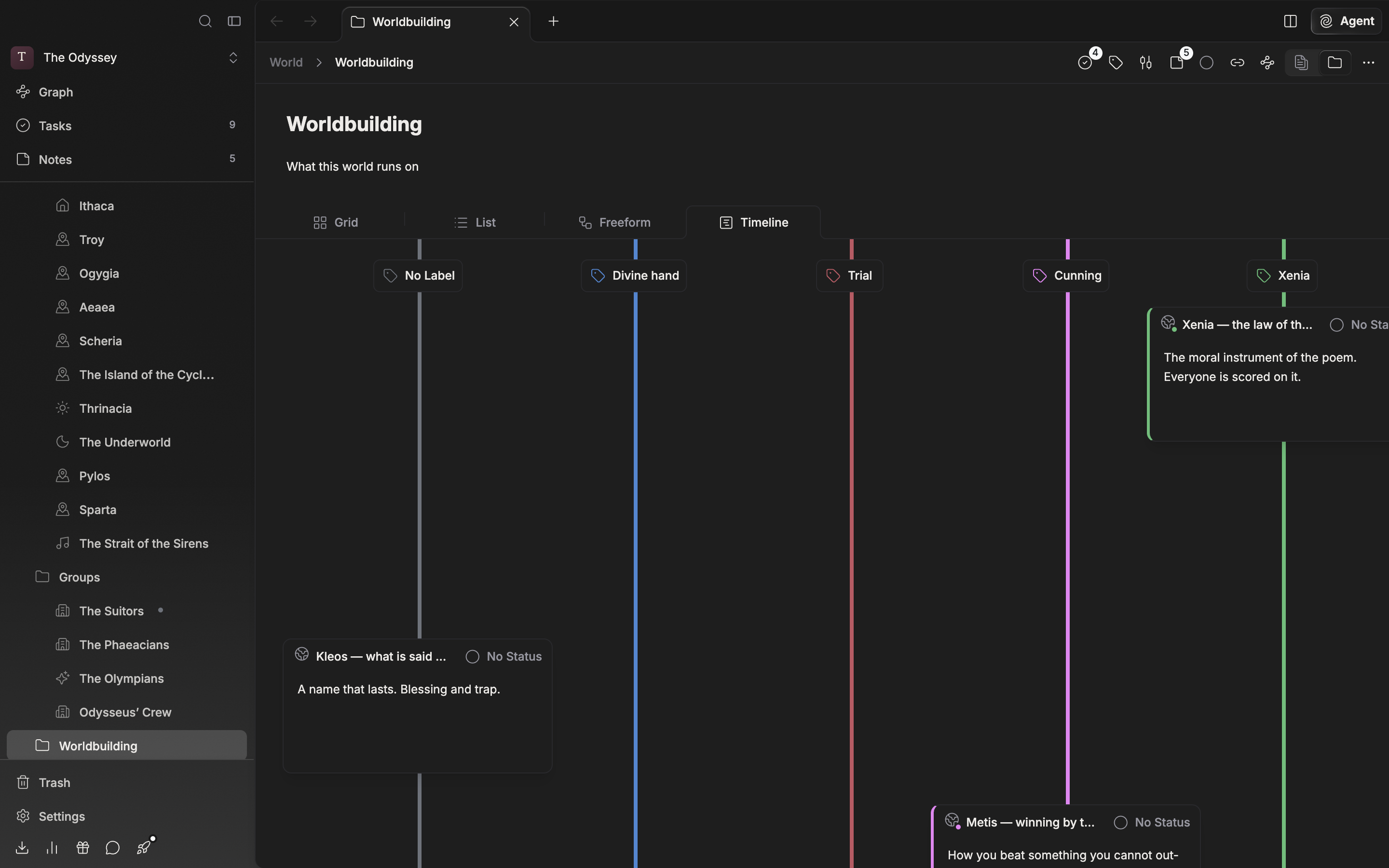 The timeline flipped to vertical by clicking the orientation button in the header. The rows stand as vertical columns and the cards run from top to bottom.