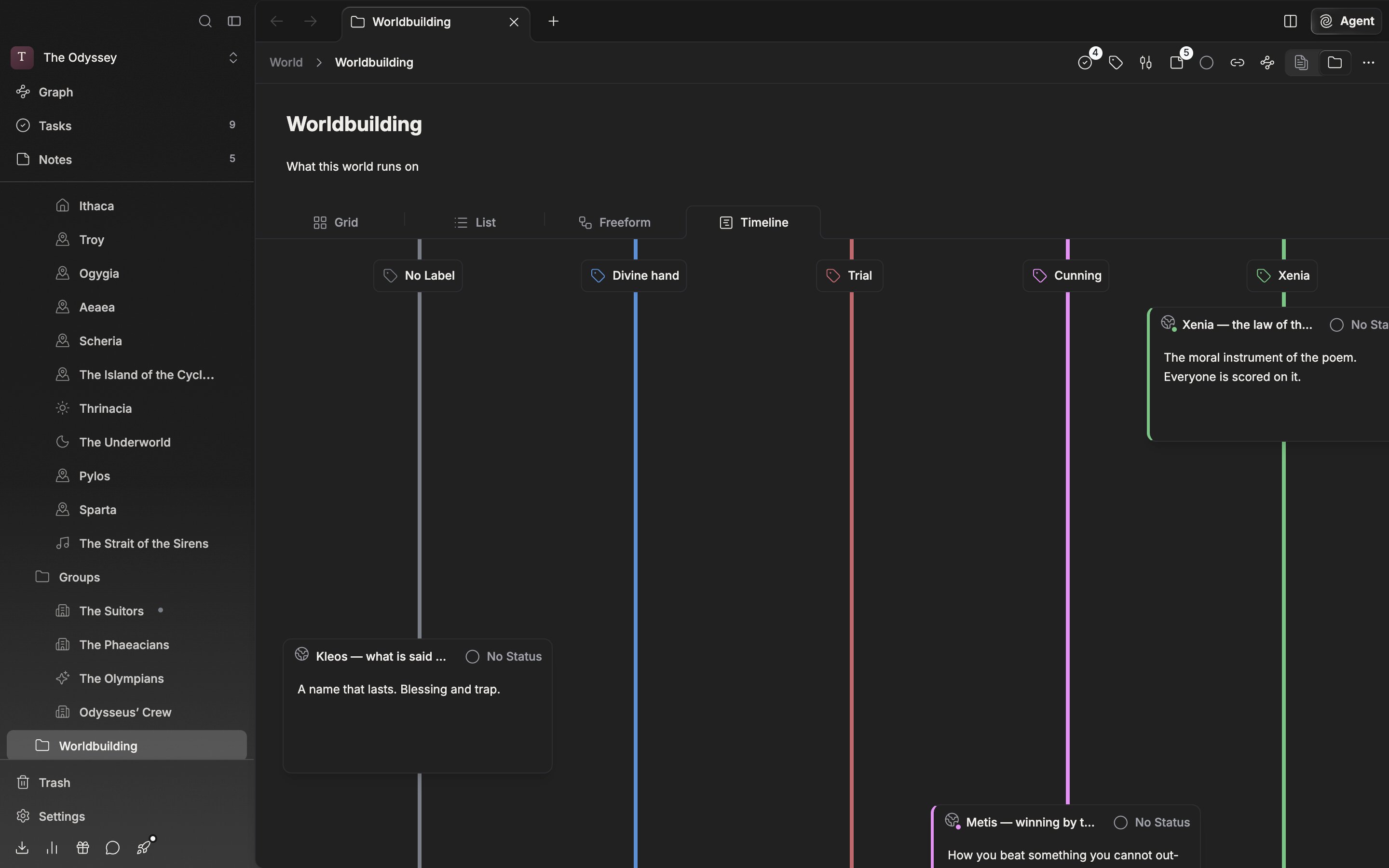 The timeline flipped to vertical by clicking the orientation button in the header. The rows stand as vertical columns and the cards run from top to bottom.