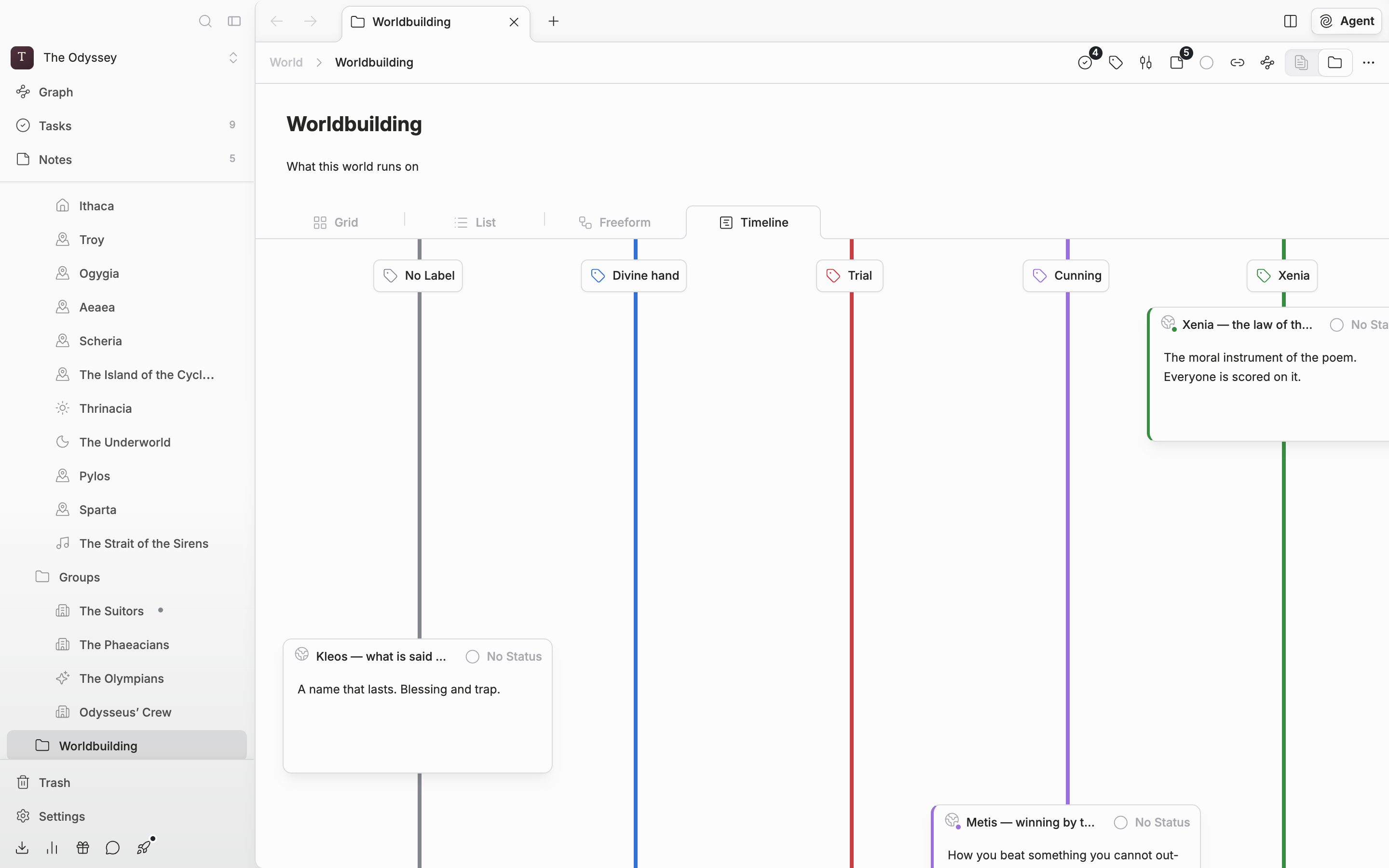 The timeline flipped to vertical by clicking the orientation button in the header. The rows stand as vertical columns and the cards run from top to bottom.