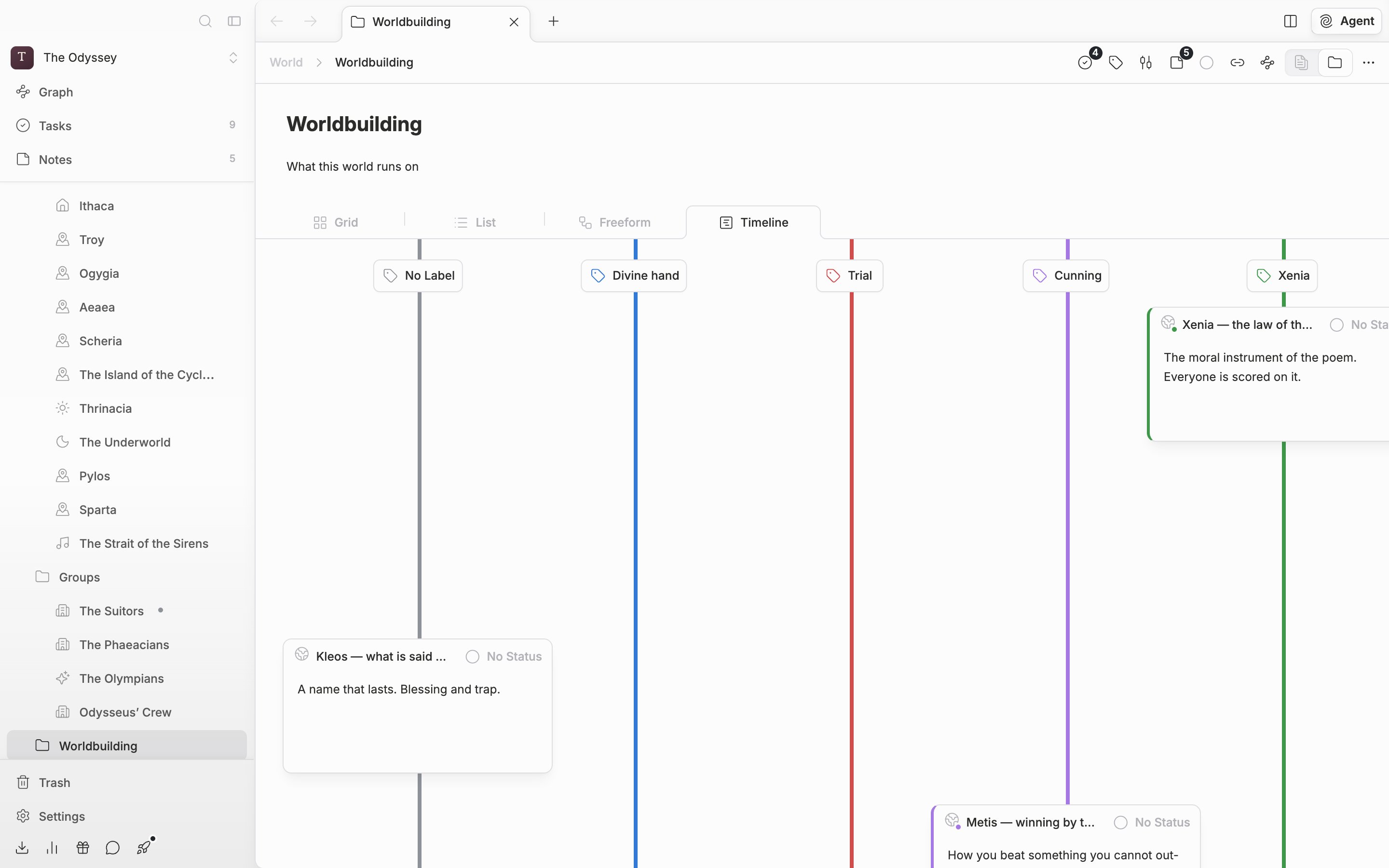 The timeline flipped to vertical by clicking the orientation button in the header. The rows stand as vertical columns and the cards run from top to bottom.