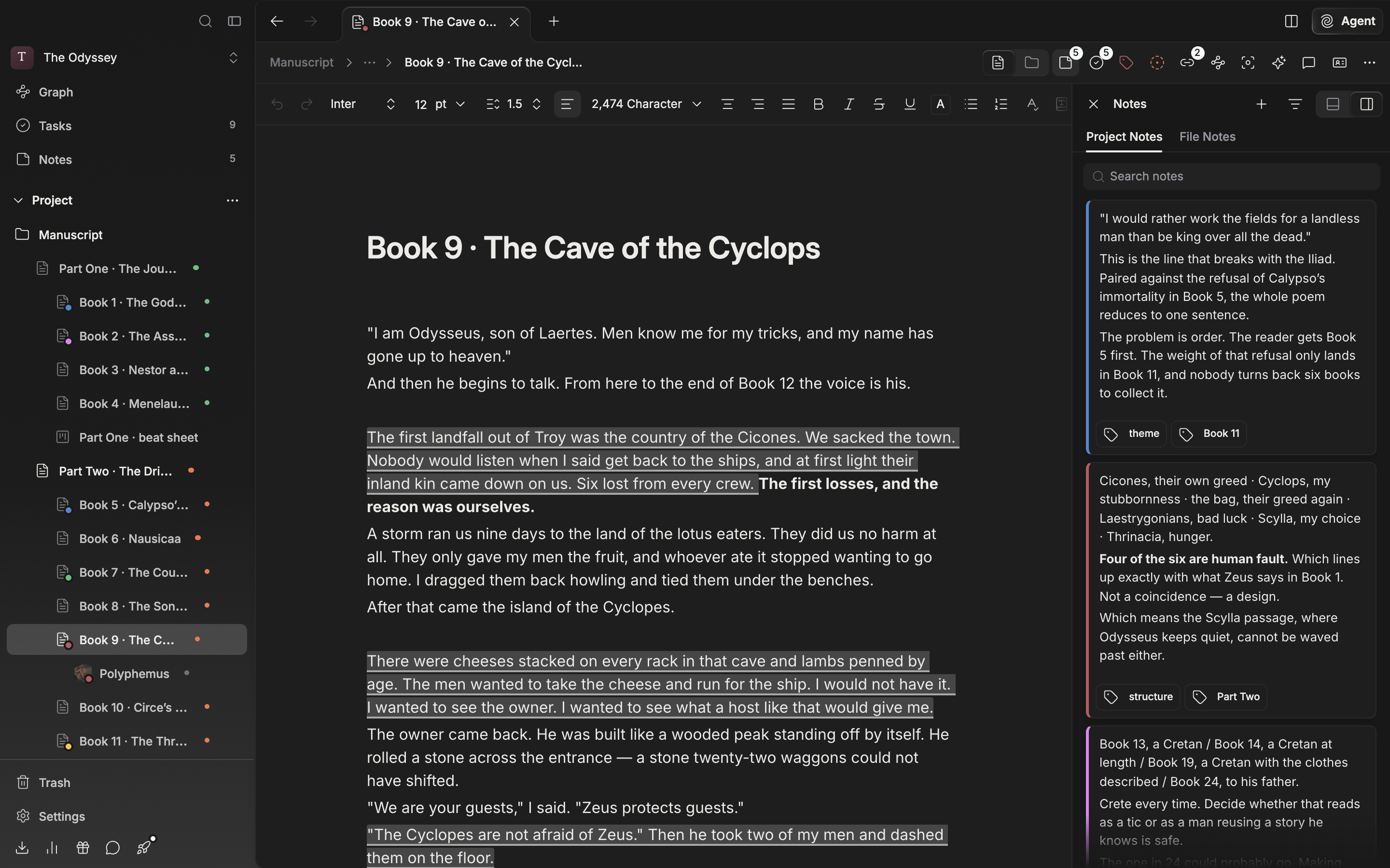 A document with several paragraphs written. The header with the path and tool buttons on top, the title and body in the middle, and the Notes panel open on the right splitting the width.