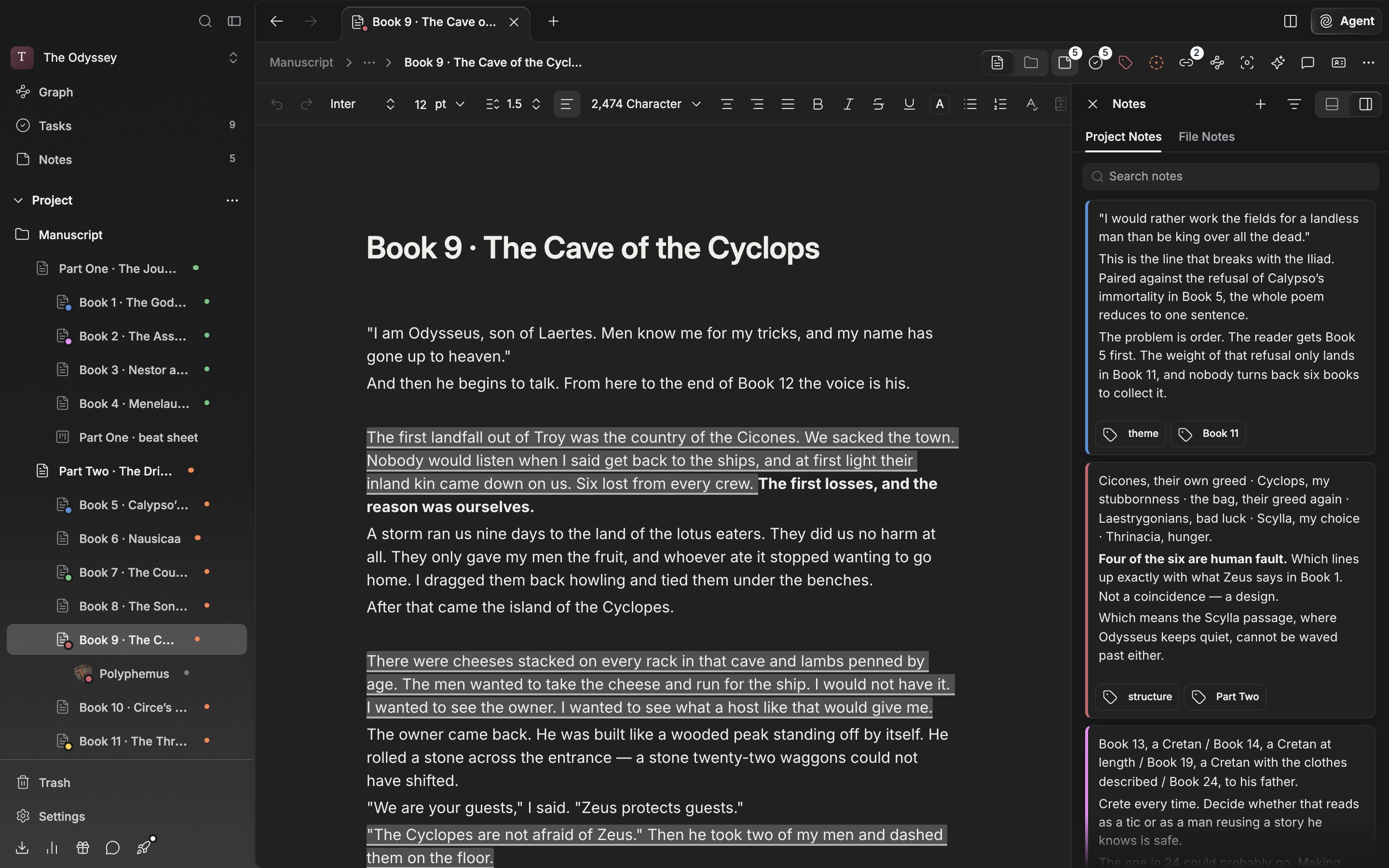 A document with several paragraphs written. The header with the path and tool buttons on top, the title and body in the middle, and the Notes panel open on the right splitting the width.