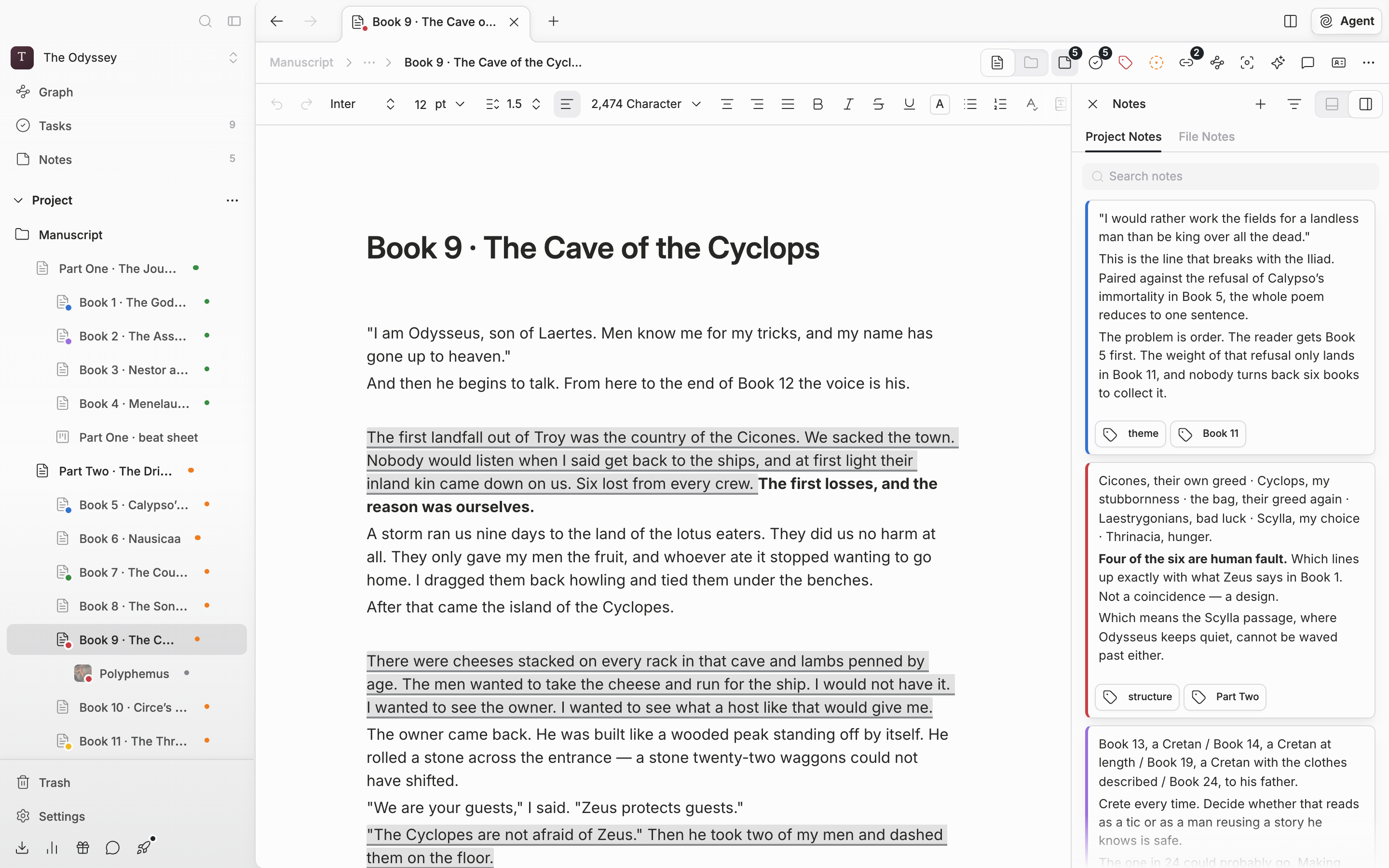 A document with several paragraphs written. The header with the path and tool buttons on top, the title and body in the middle, and the Notes panel open on the right splitting the width.