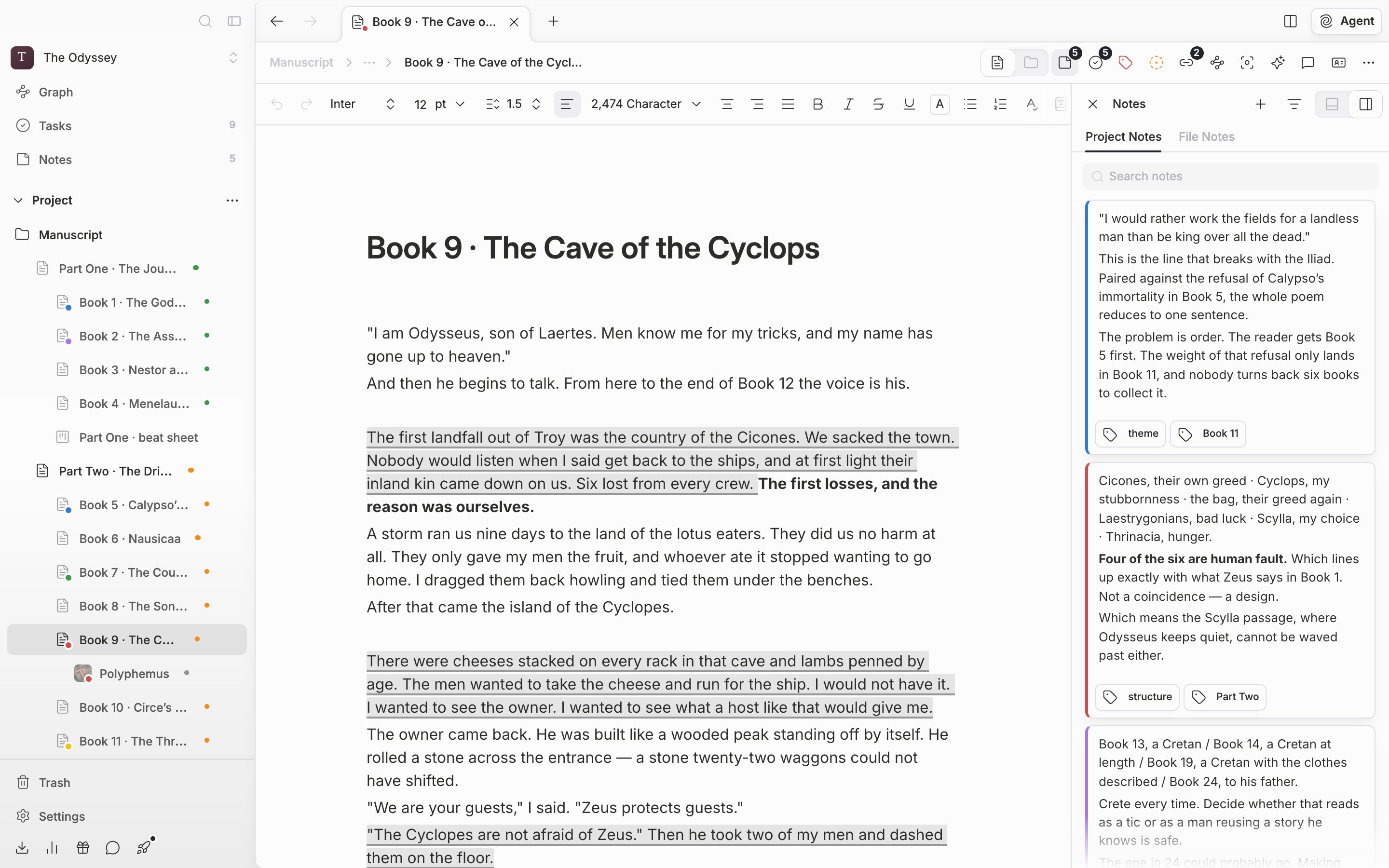A document with several paragraphs written. The header with the path and tool buttons on top, the title and body in the middle, and the Notes panel open on the right splitting the width.