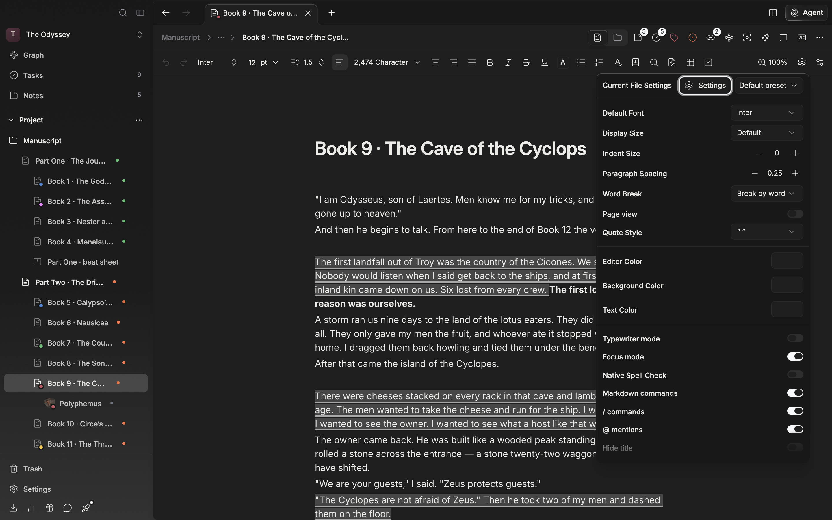 A document with a manuscript in it, the Current File Settings popover opened from the gear button on the toolbar. The Settings button and the preset dropdown sit side by side at the top, with the Default Font and Display Size rows below.