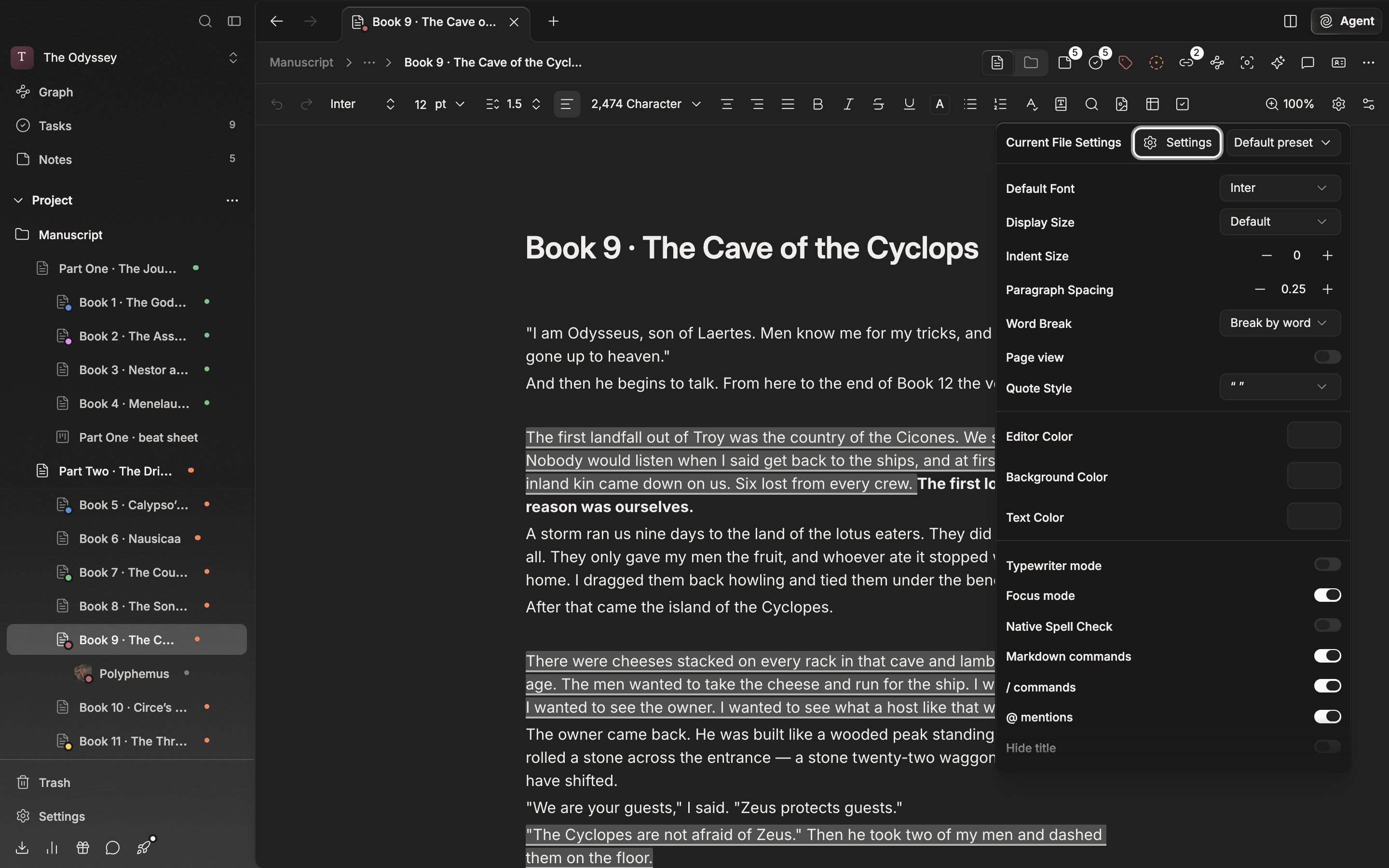 A document with a manuscript in it, the Current File Settings popover opened from the gear button on the toolbar. The Settings button and the preset dropdown sit side by side at the top, with the Default Font and Display Size rows below.