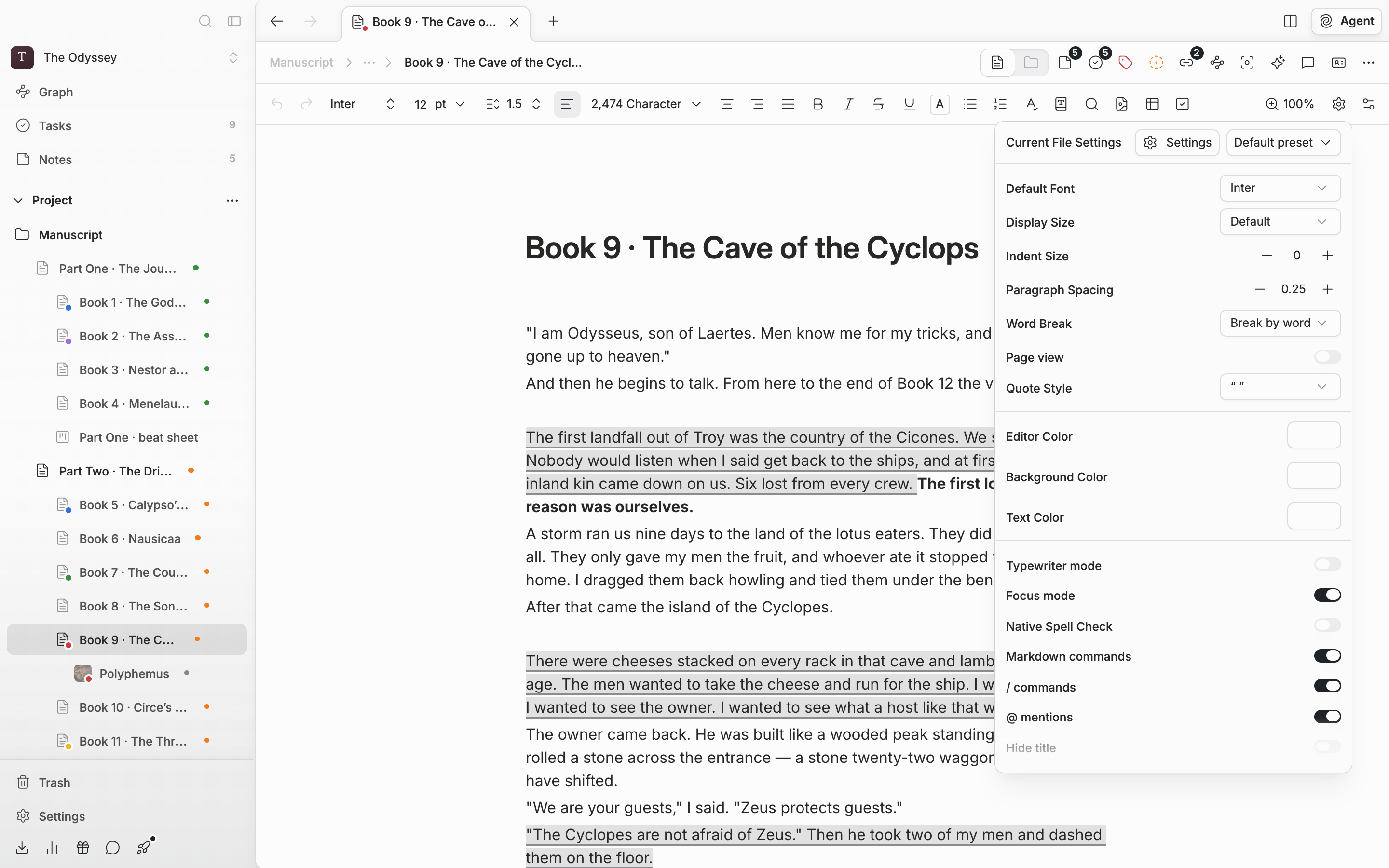 A document with a manuscript in it, the Current File Settings popover opened from the gear button on the toolbar. The Settings button and the preset dropdown sit side by side at the top, with the Default Font and Display Size rows below.