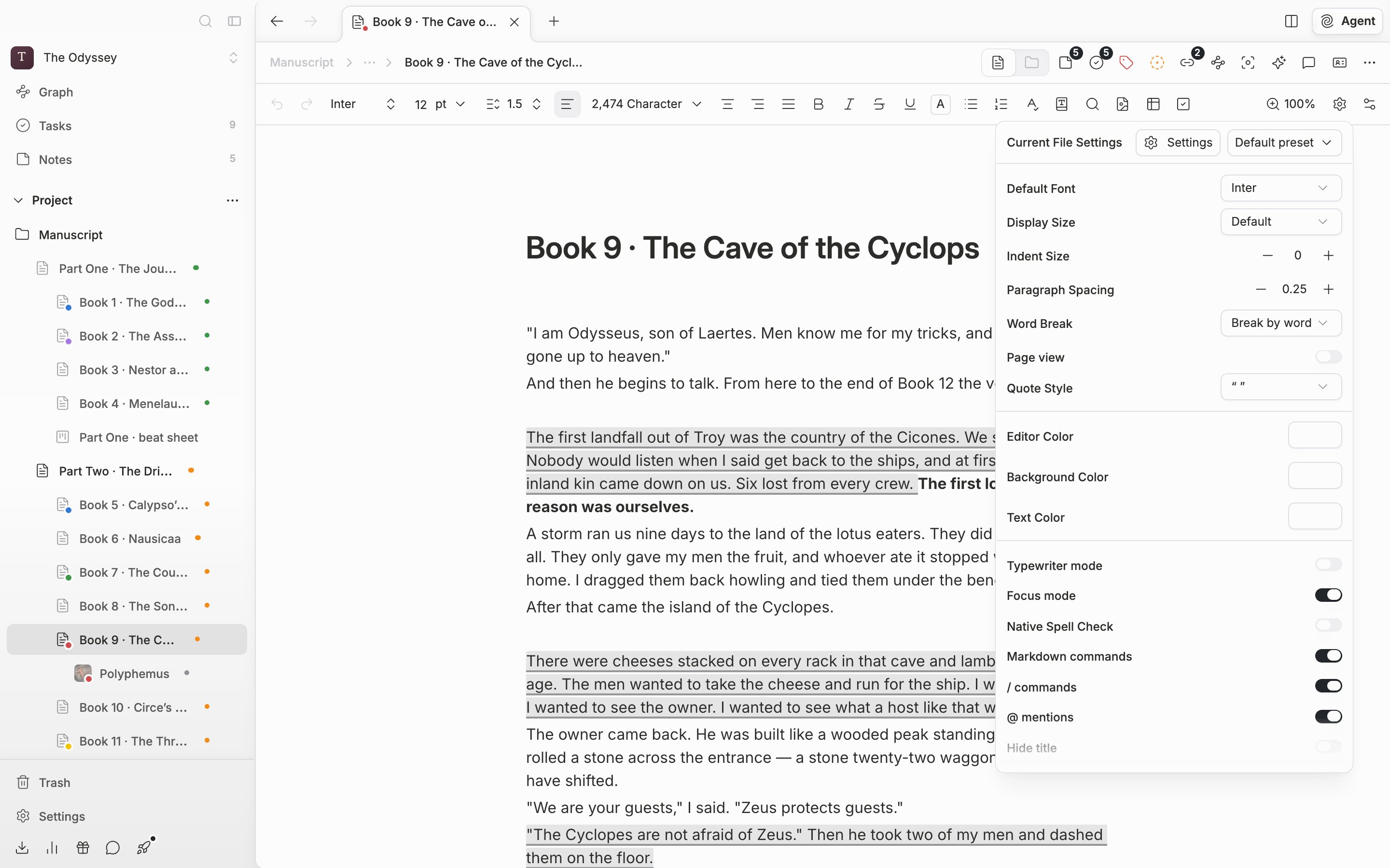 A document with a manuscript in it, the Current File Settings popover opened from the gear button on the toolbar. The Settings button and the preset dropdown sit side by side at the top, with the Default Font and Display Size rows below.