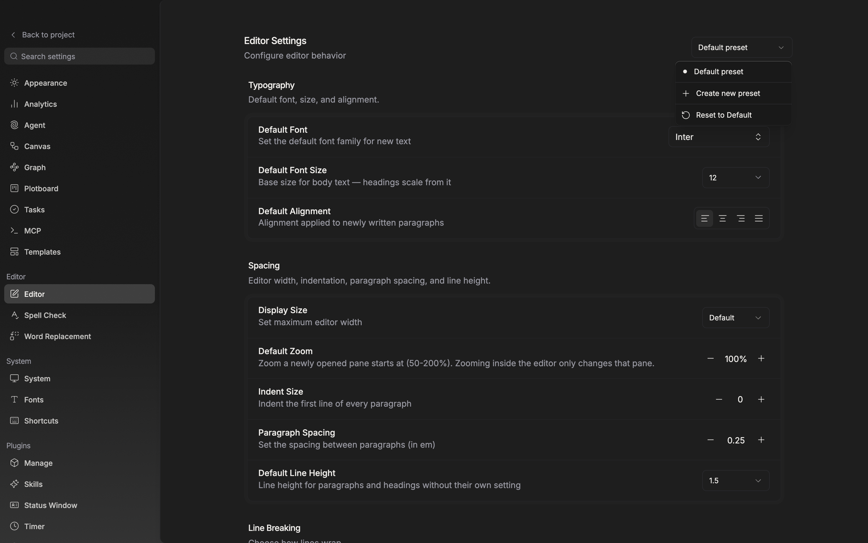 The Editor screen in settings. The dropdown at the top right is open, showing the preset list along with Apply as default settings, Rename Preset, and Create new preset.