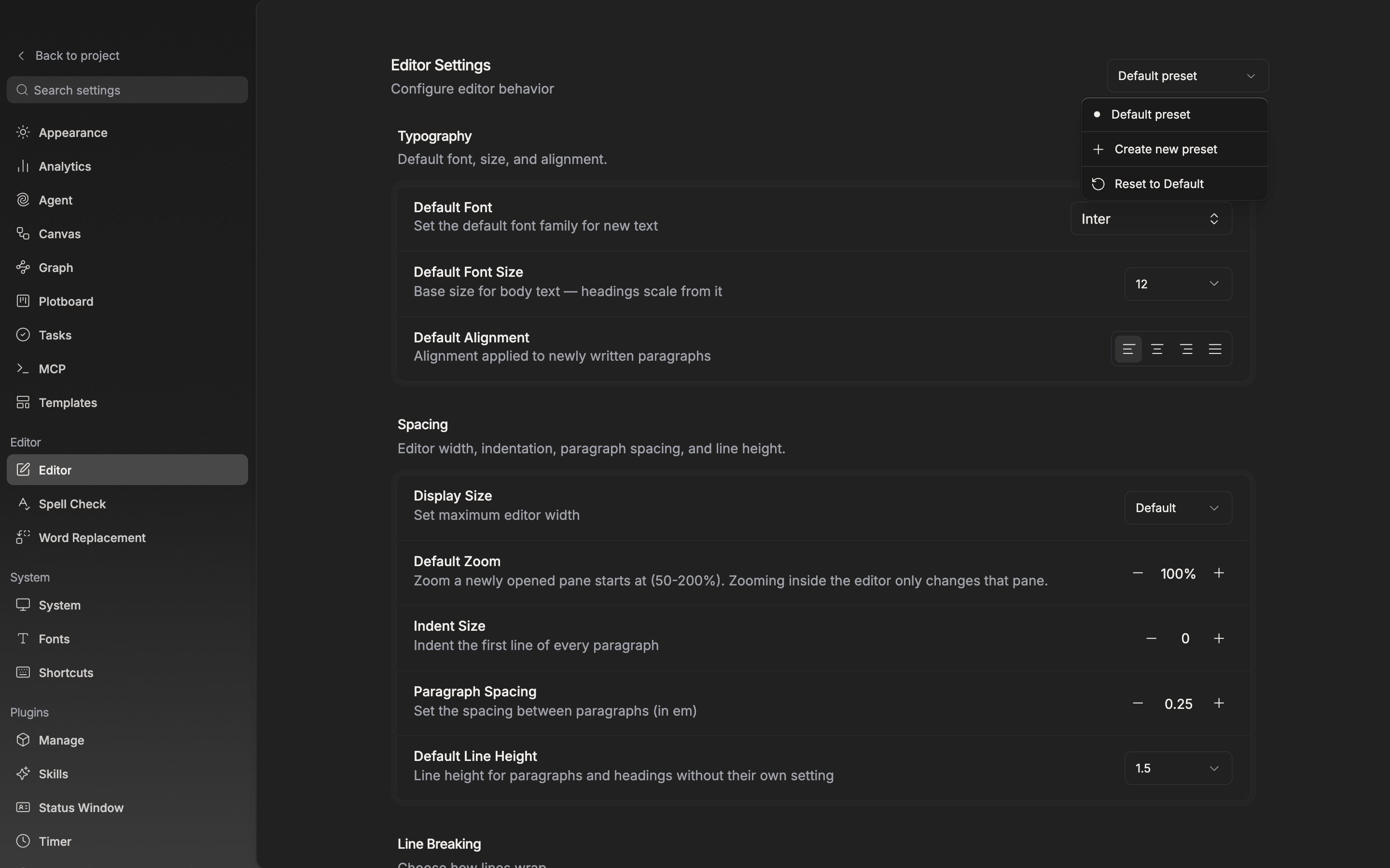 The Editor screen in settings. The dropdown at the top right is open, showing the preset list along with Apply as default settings, Rename Preset, and Create new preset.