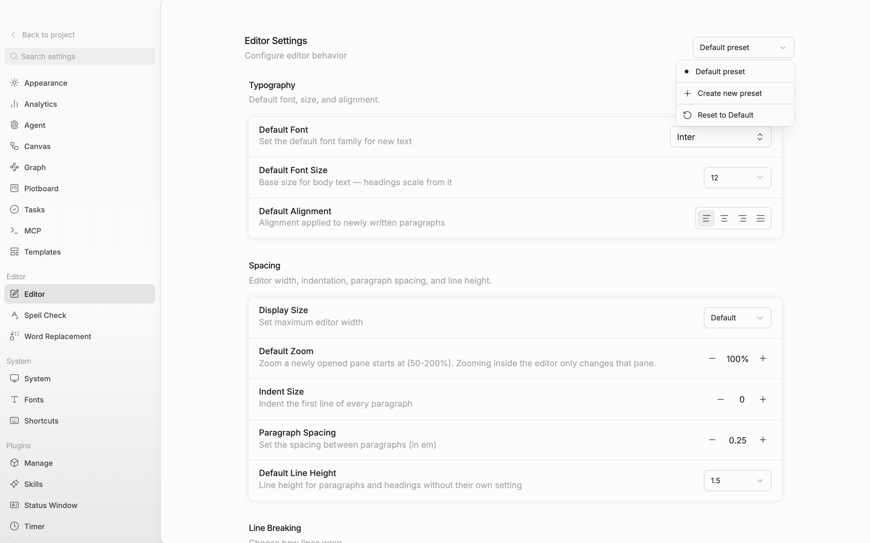 The Editor screen in settings. The dropdown at the top right is open, showing the preset list along with Apply as default settings, Rename Preset, and Create new preset.