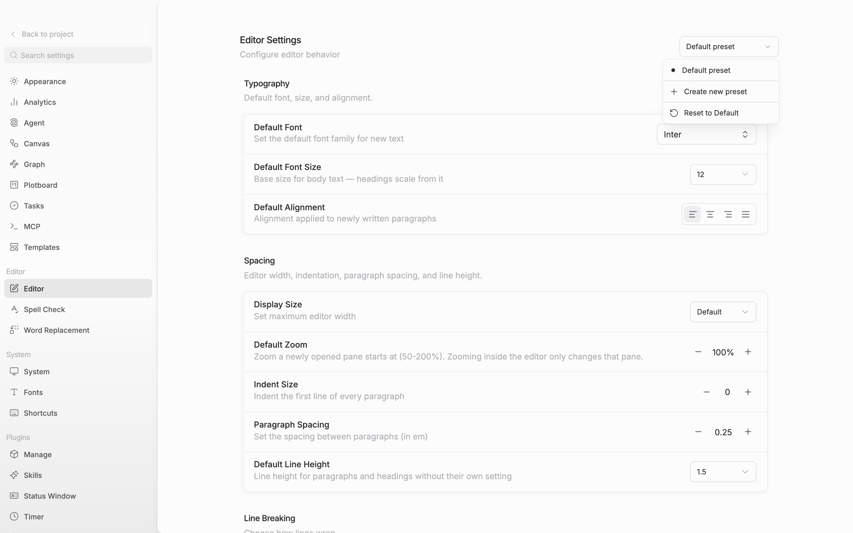 The Editor screen in settings. The dropdown at the top right is open, showing the preset list along with Apply as default settings, Rename Preset, and Create new preset.