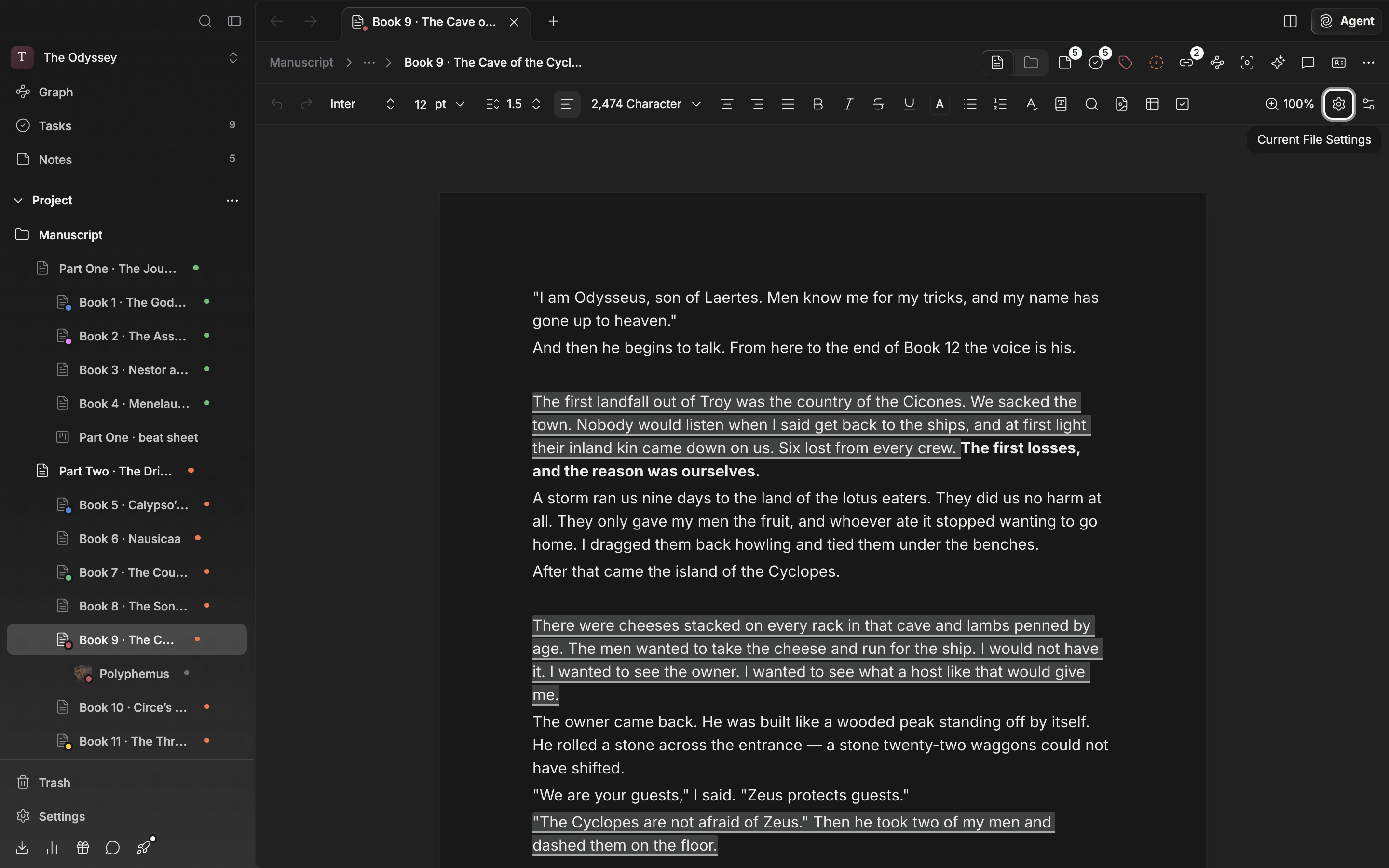 A document with a manuscript in it, page view turned on from Current File Settings and the popover closed. The body reads as cut into printed pages, with the sheet edges and page numbers showing.