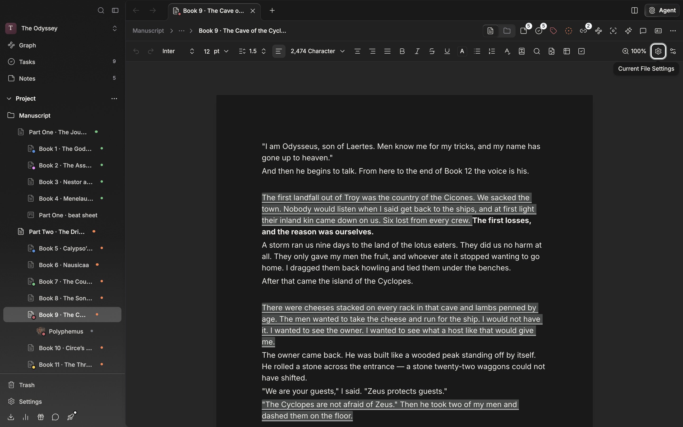 A document with a manuscript in it, page view turned on from Current File Settings and the popover closed. The body reads as cut into printed pages, with the sheet edges and page numbers showing.