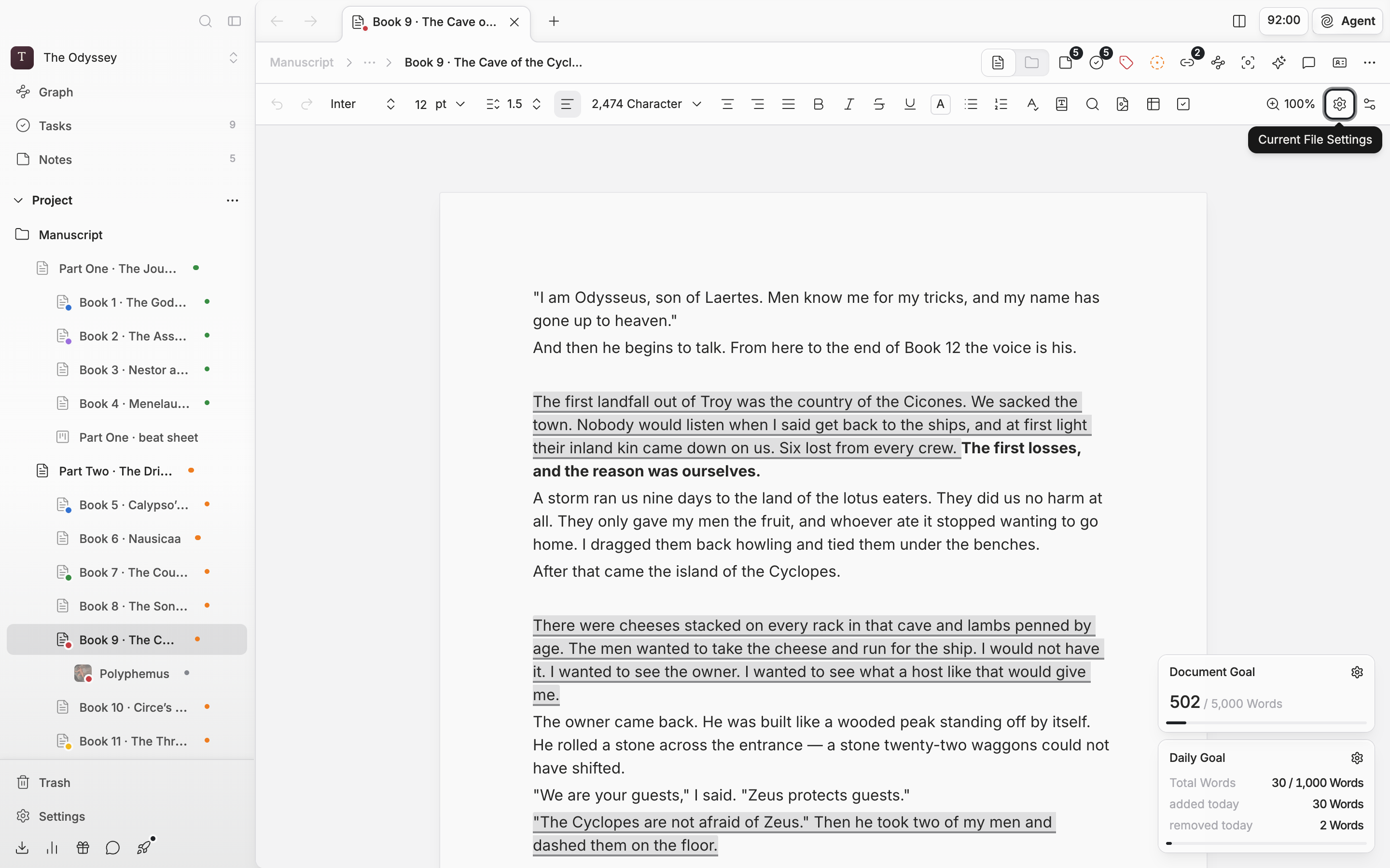 A document with a manuscript in it, page view turned on from Current File Settings and the popover closed. The body reads as cut into printed pages, with the sheet edges and page numbers showing.