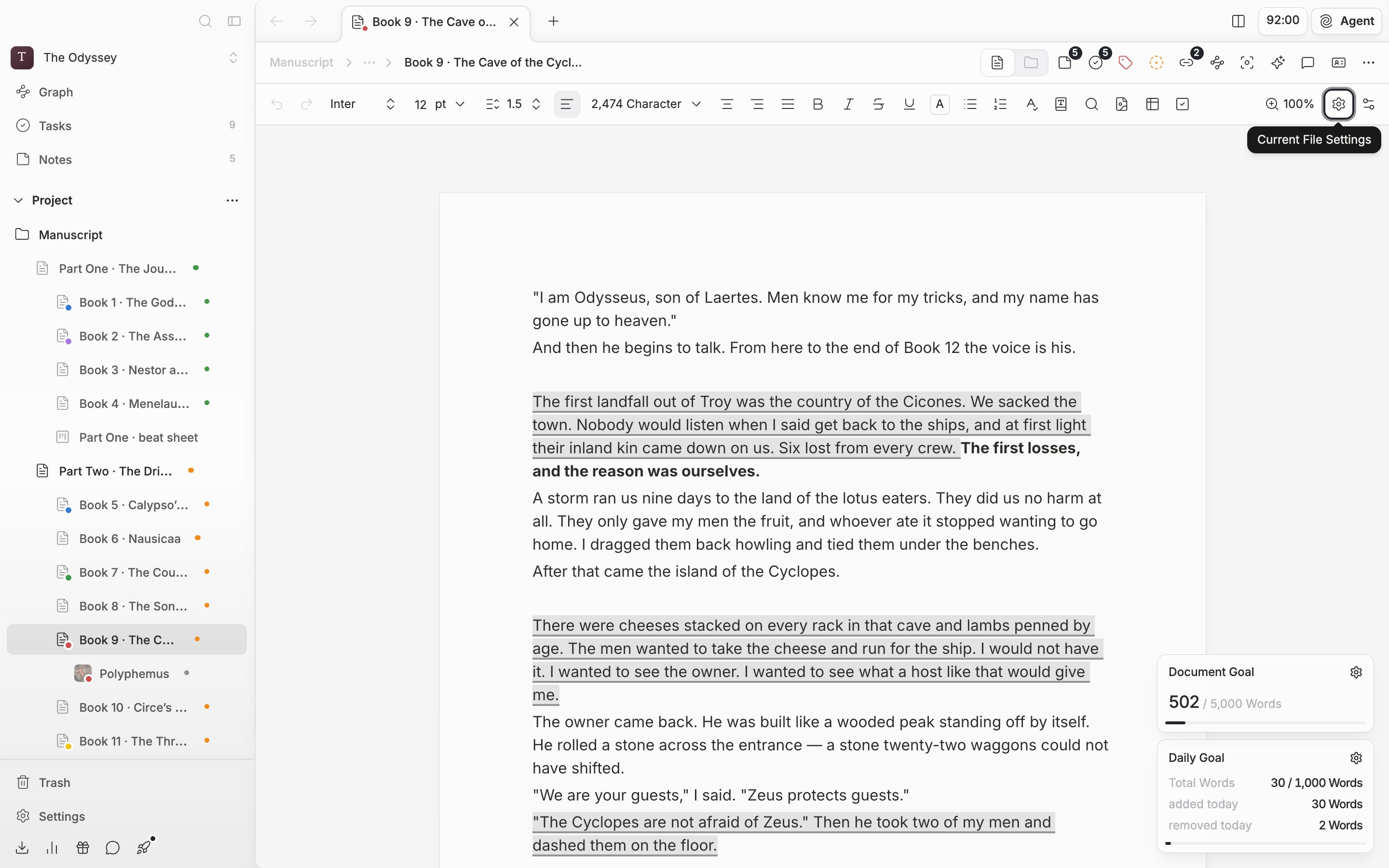 A document with a manuscript in it, page view turned on from Current File Settings and the popover closed. The body reads as cut into printed pages, with the sheet edges and page numbers showing.