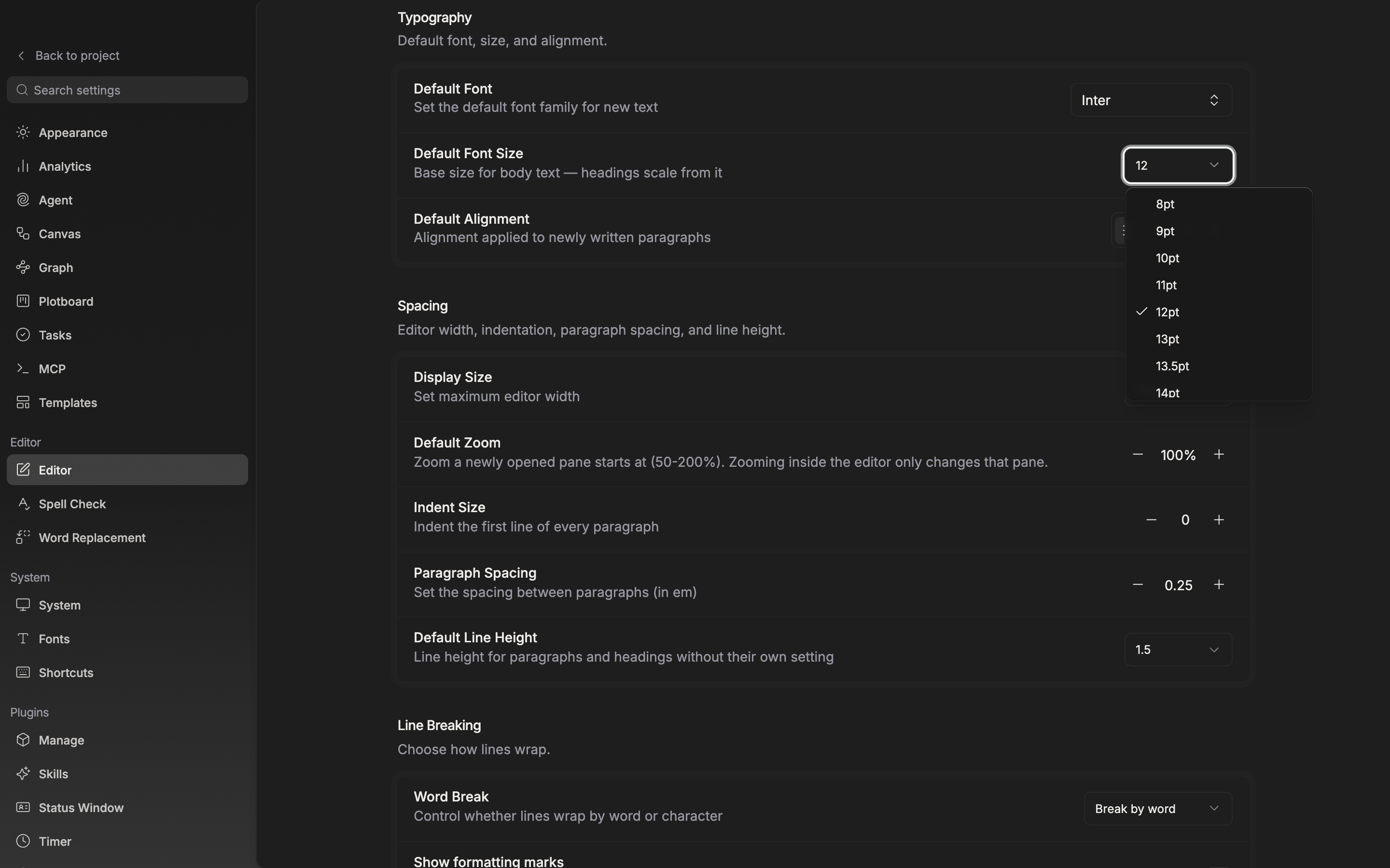 The Editor screen in settings. The Default Font Size dropdown in the Typography section is open, showing the 8pt–72pt list, with the Default Line Height row of the Spacing section visible below.