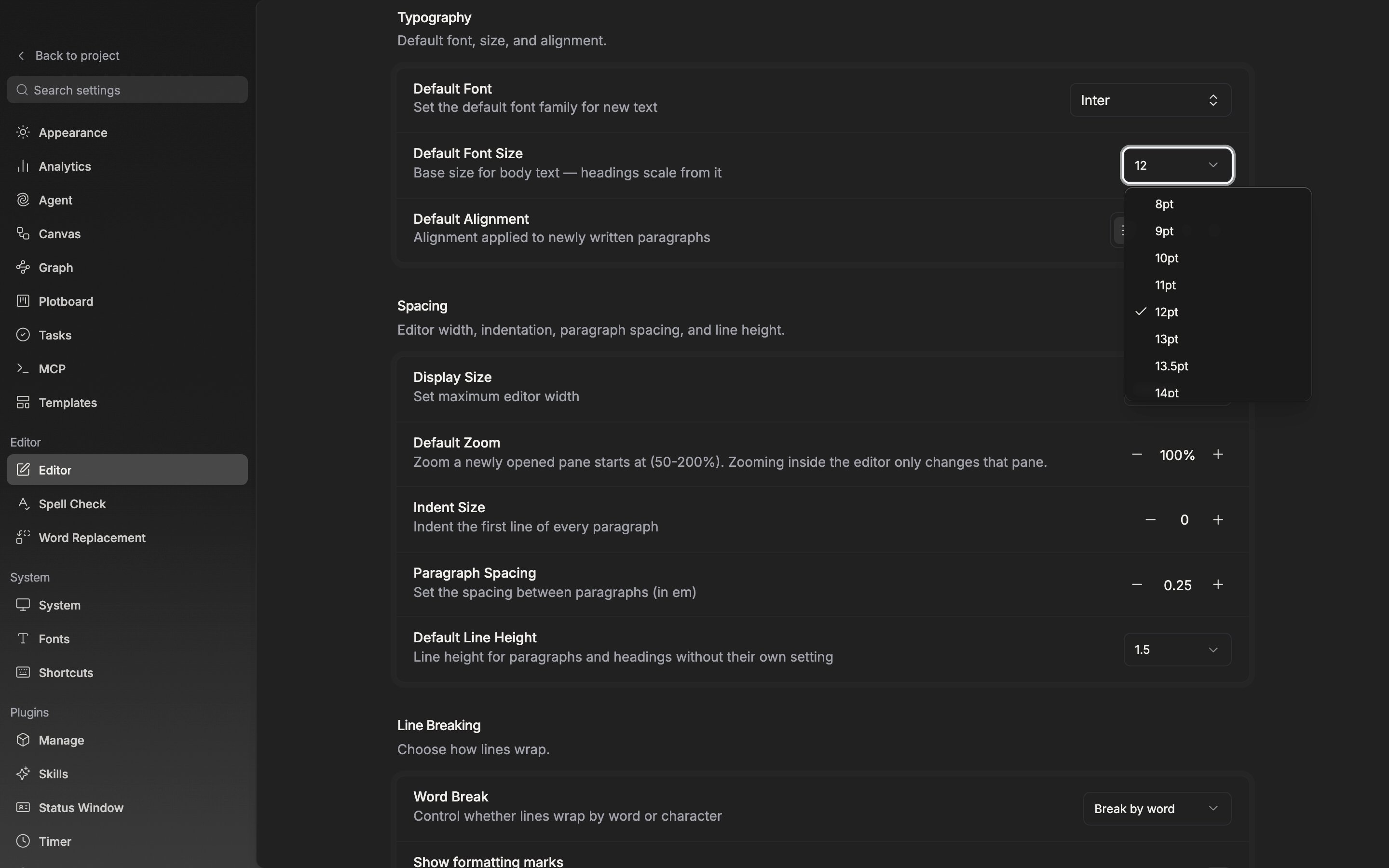 The Editor screen in settings. The Default Font Size dropdown in the Typography section is open, showing the 8pt–72pt list, with the Default Line Height row of the Spacing section visible below.