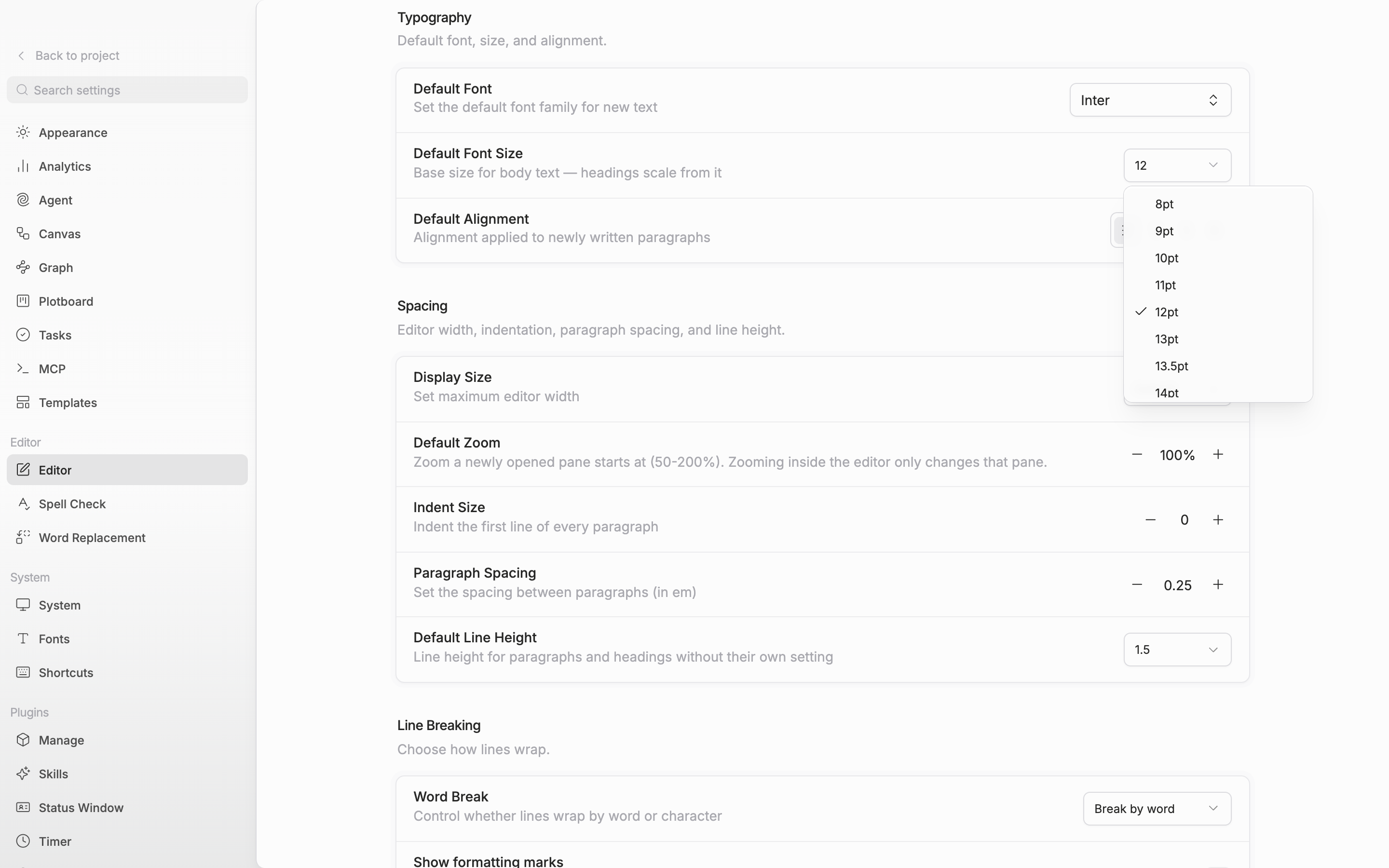 The Editor screen in settings. The Default Font Size dropdown in the Typography section is open, showing the 8pt–72pt list, with the Default Line Height row of the Spacing section visible below.