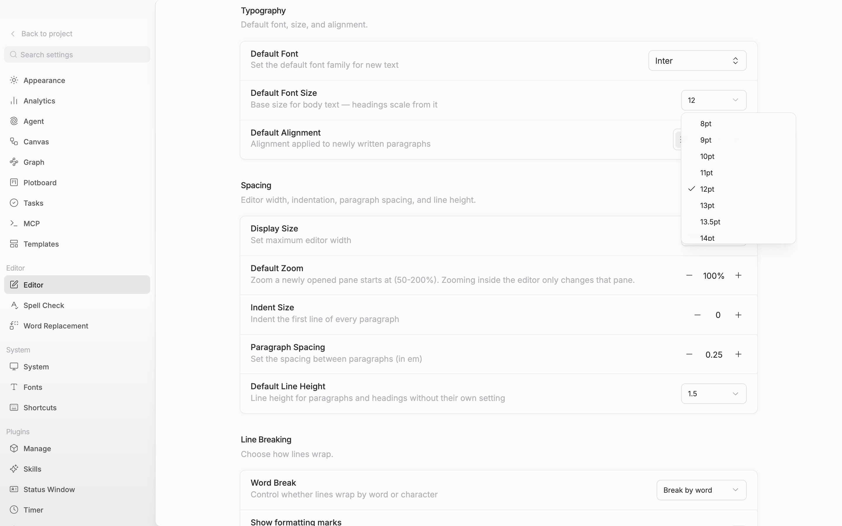 The Editor screen in settings. The Default Font Size dropdown in the Typography section is open, showing the 8pt–72pt list, with the Default Line Height row of the Spacing section visible below.