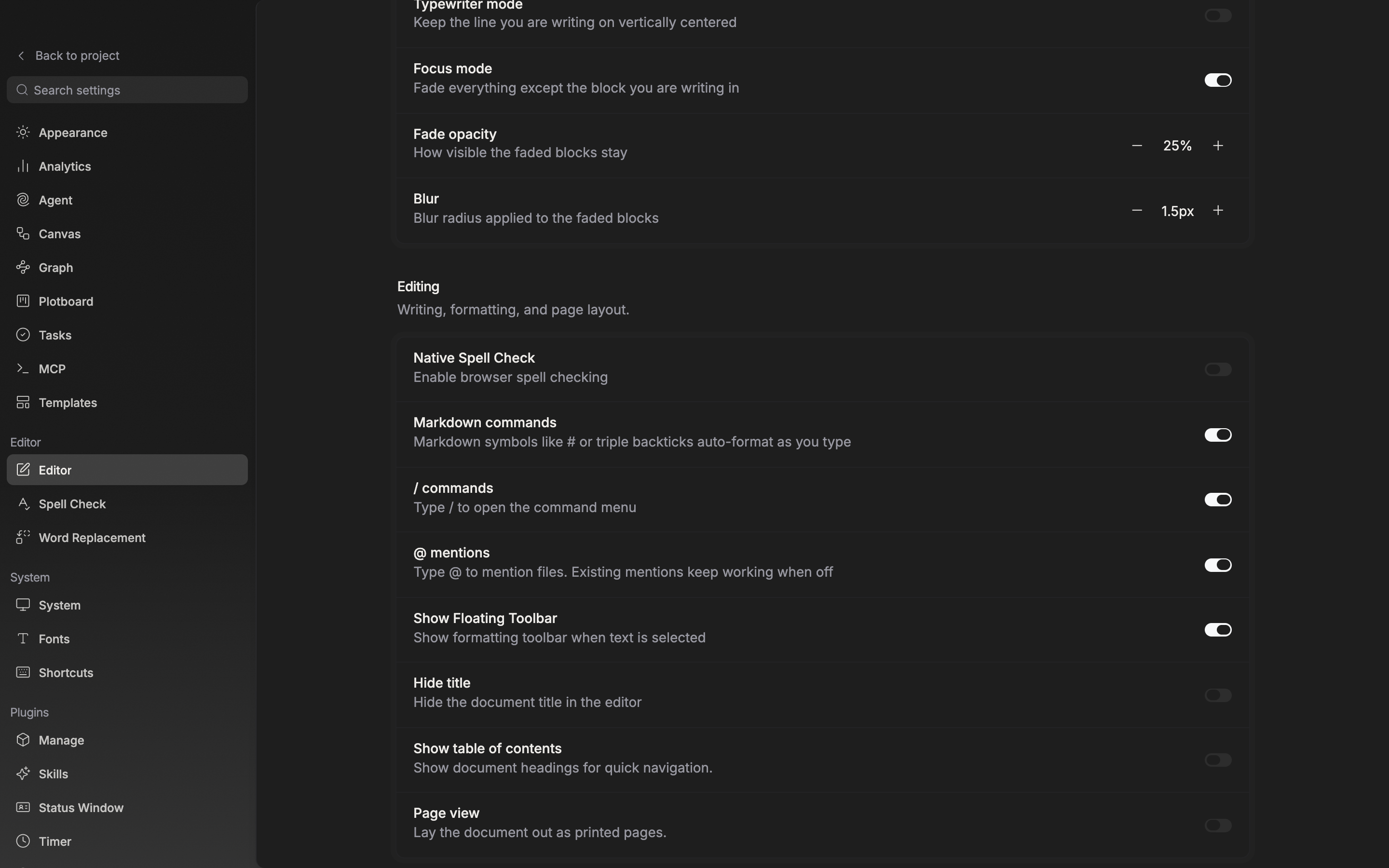 The Editing section in view. The Markdown commands, / commands, and @ mentions rows sit one after another and all switches are on.