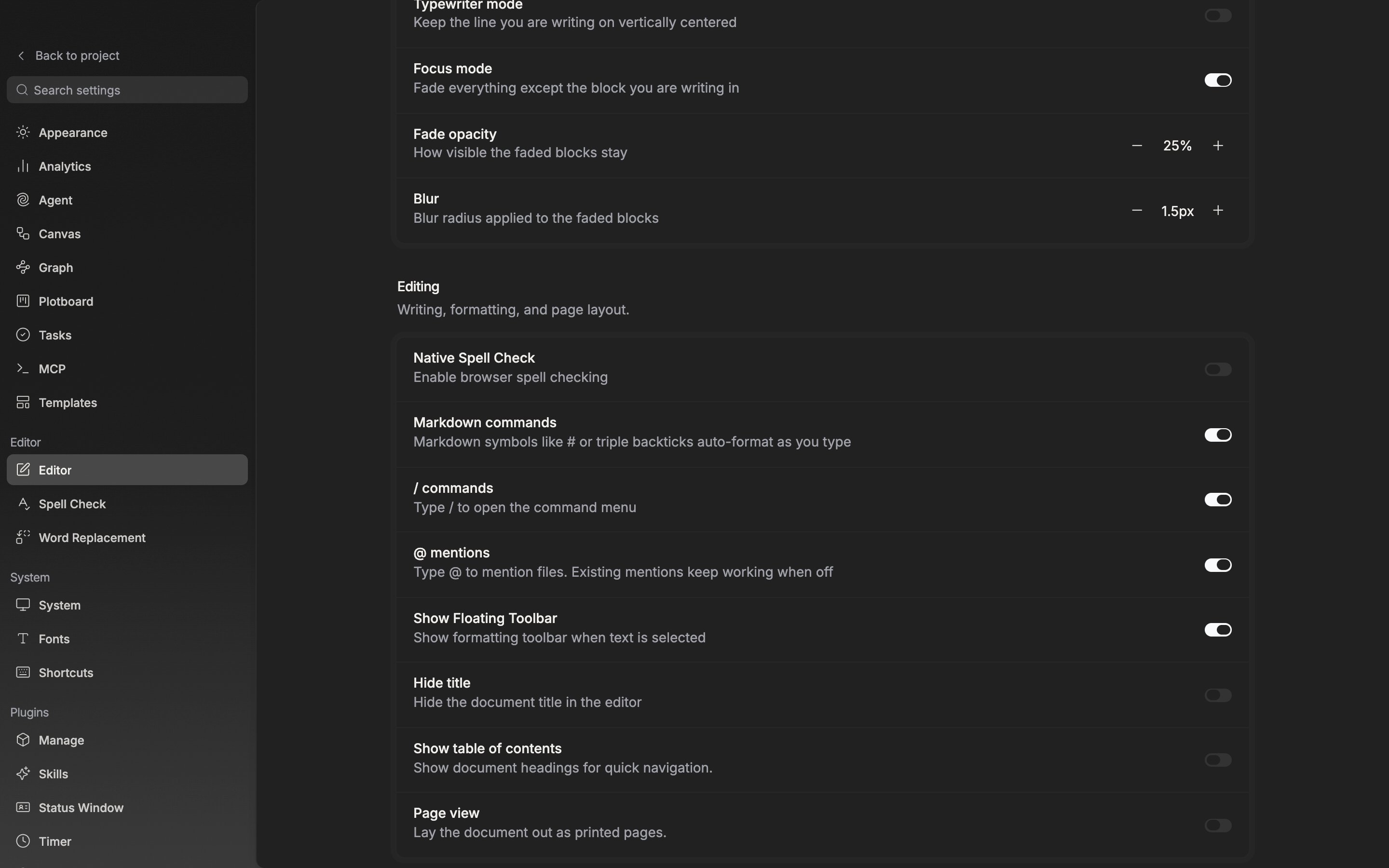 The Editing section in view. The Markdown commands, / commands, and @ mentions rows sit one after another and all switches are on.
