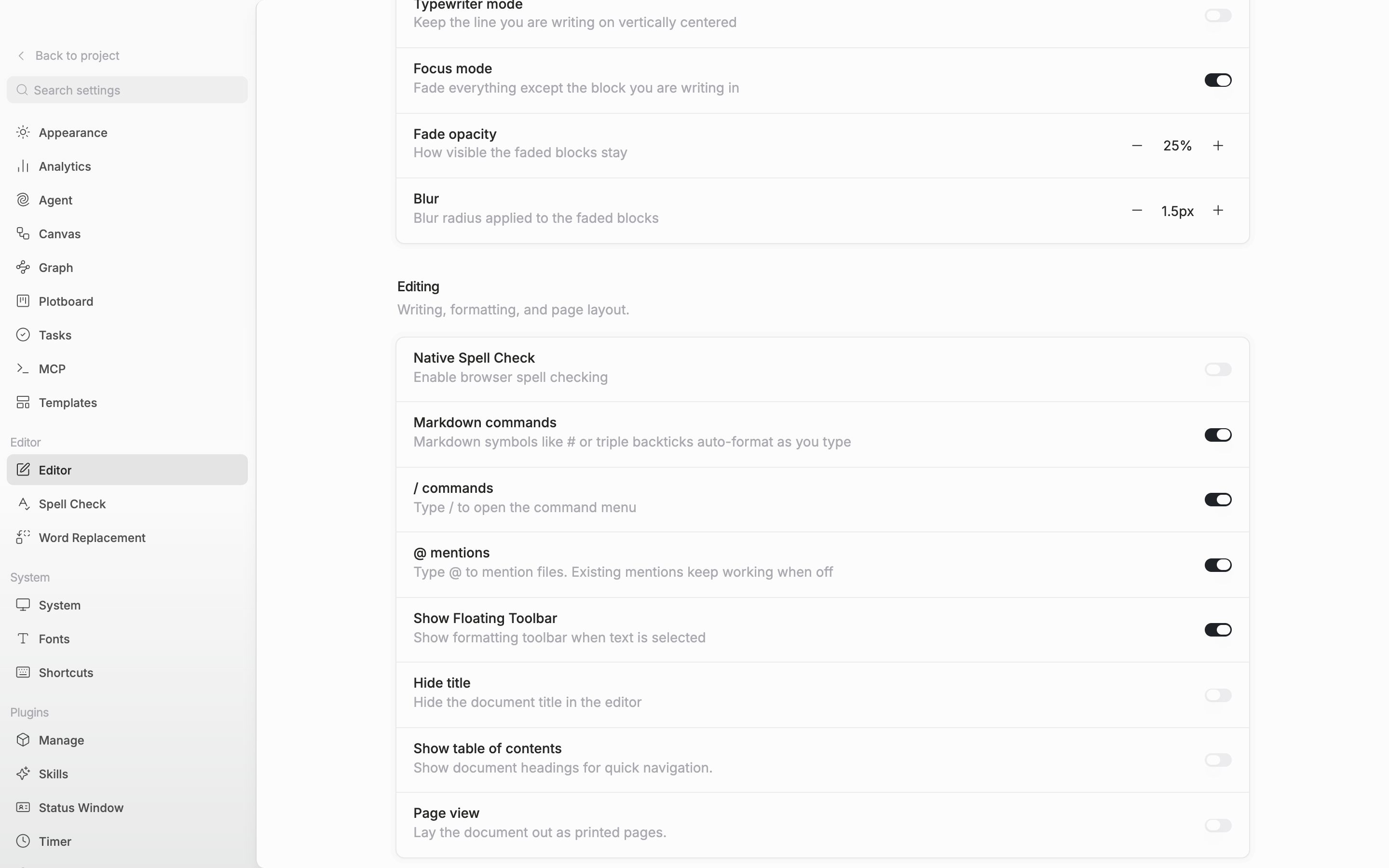 The Editing section in view. The Markdown commands, / commands, and @ mentions rows sit one after another and all switches are on.