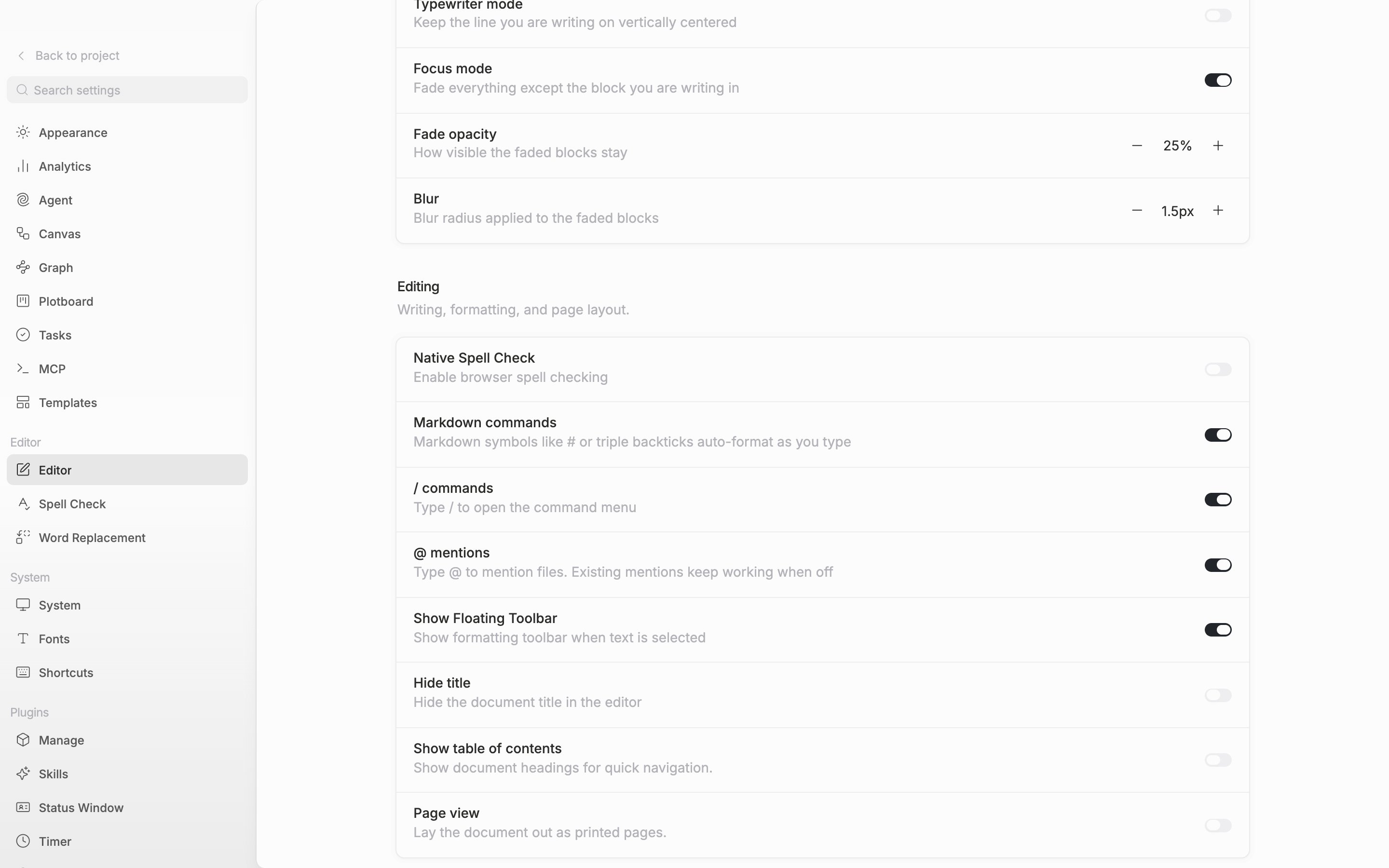 The Editing section in view. The Markdown commands, / commands, and @ mentions rows sit one after another and all switches are on.