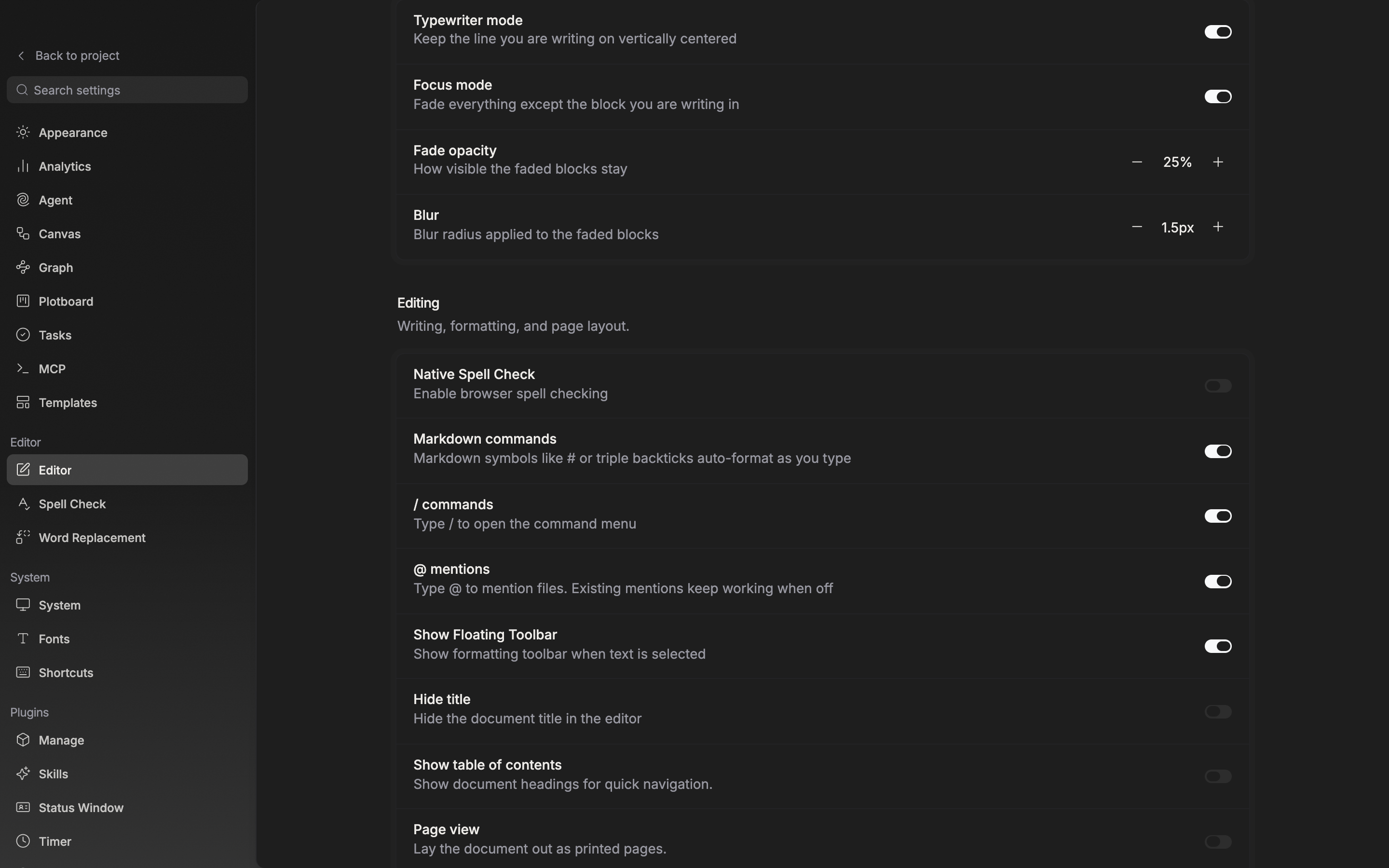 The Editor tab in settings, the “Focus” section. Typewriter mode and Focus mode are both on, so the Fade opacity and Blur rows show, and hovering a value has brought up the three-line preview.