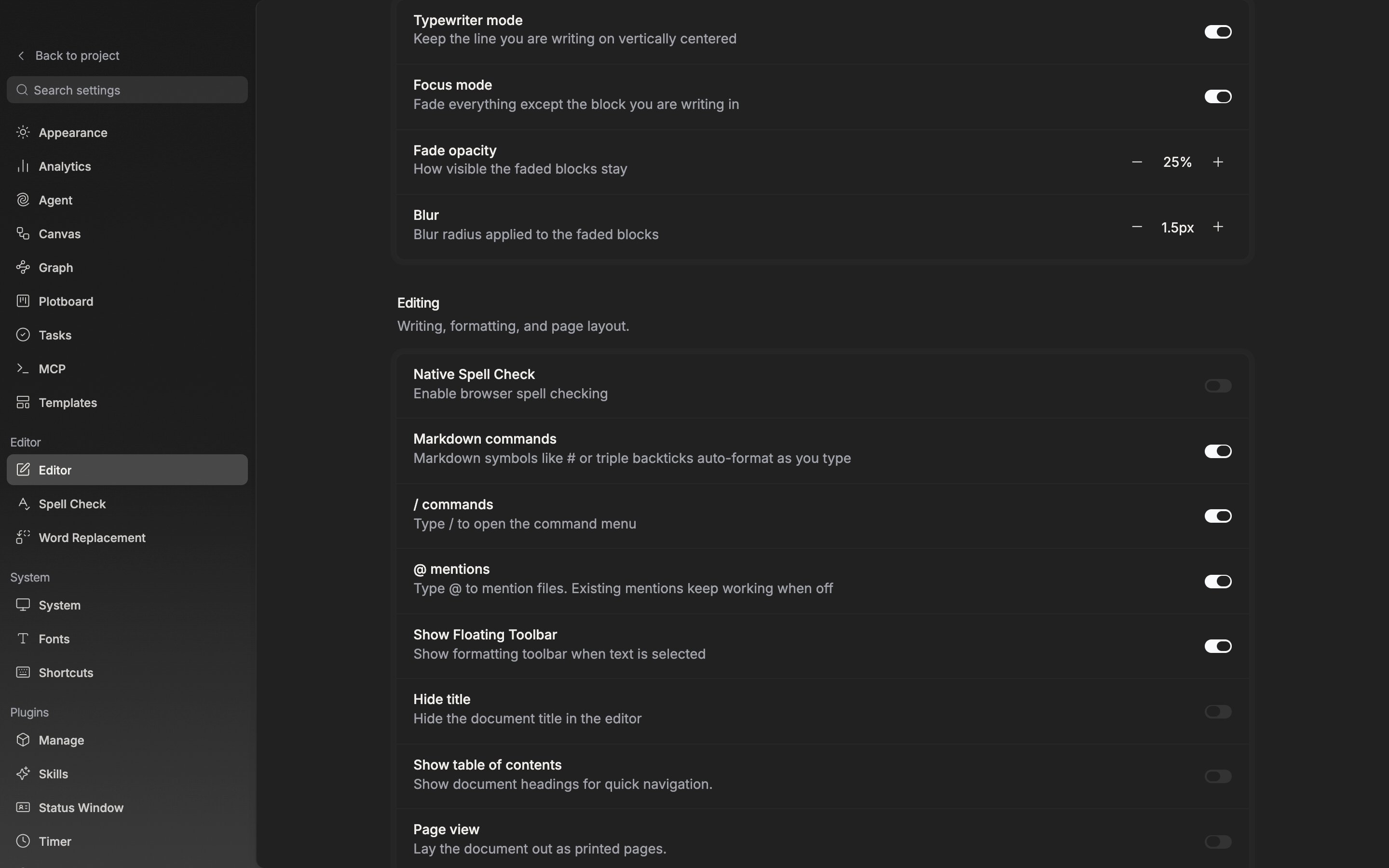 The Editor tab in settings, the “Focus” section. Typewriter mode and Focus mode are both on, so the Fade opacity and Blur rows show, and hovering a value has brought up the three-line preview.