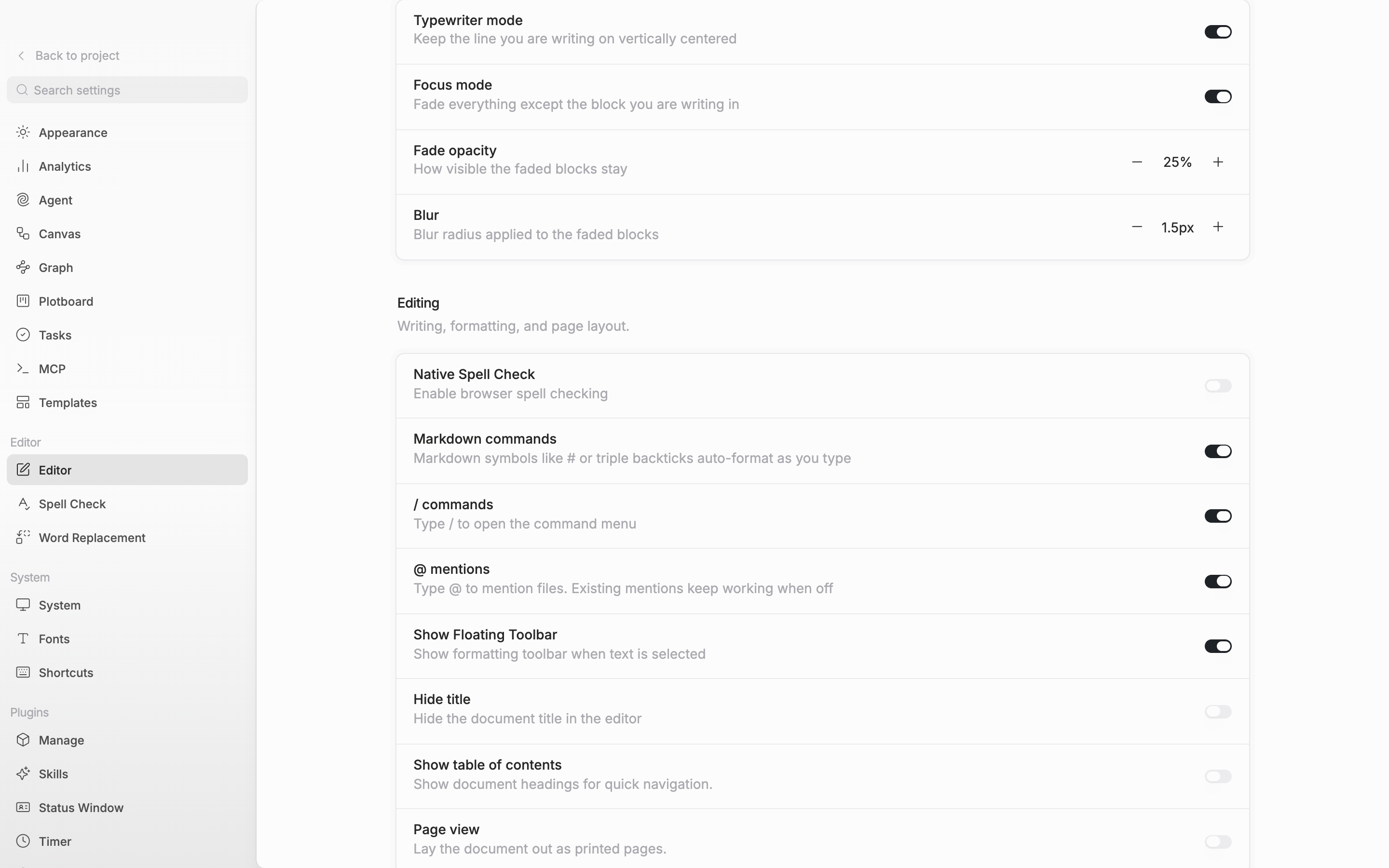 The Editor tab in settings, the “Focus” section. Typewriter mode and Focus mode are both on, so the Fade opacity and Blur rows show, and hovering a value has brought up the three-line preview.