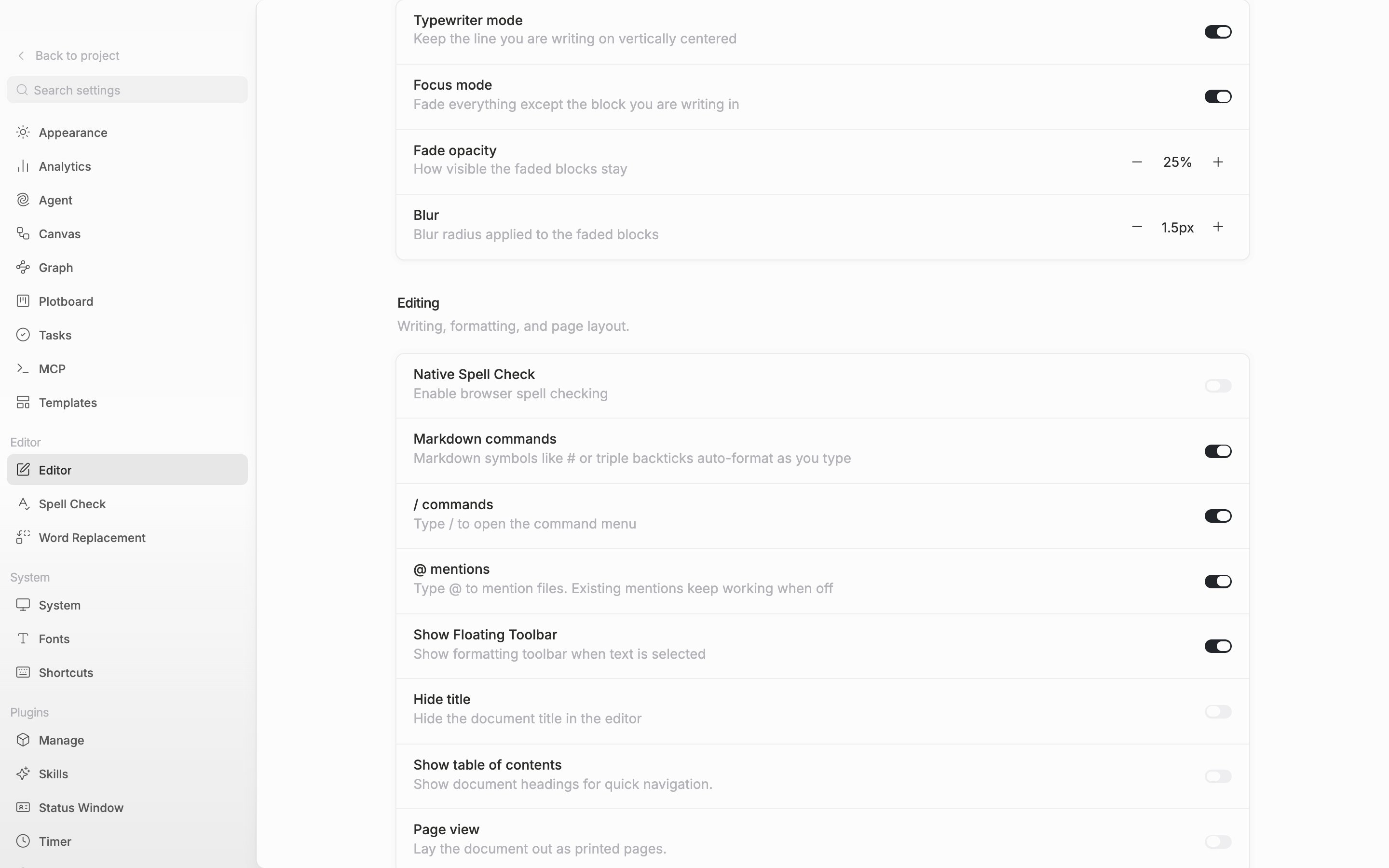The Editor tab in settings, the “Focus” section. Typewriter mode and Focus mode are both on, so the Fade opacity and Blur rows show, and hovering a value has brought up the three-line preview.