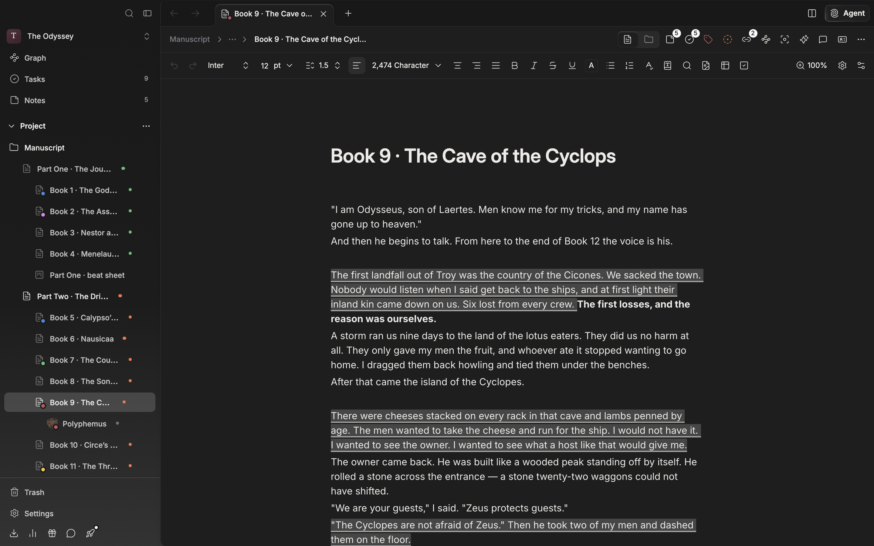 A document open in its default state. The formatting toolbar at the top runs from the left end (Undo) to the right end (Customize Toolbar) in one uncut row, with two or three paragraphs of manuscript below it. No dropdown or popover is open.