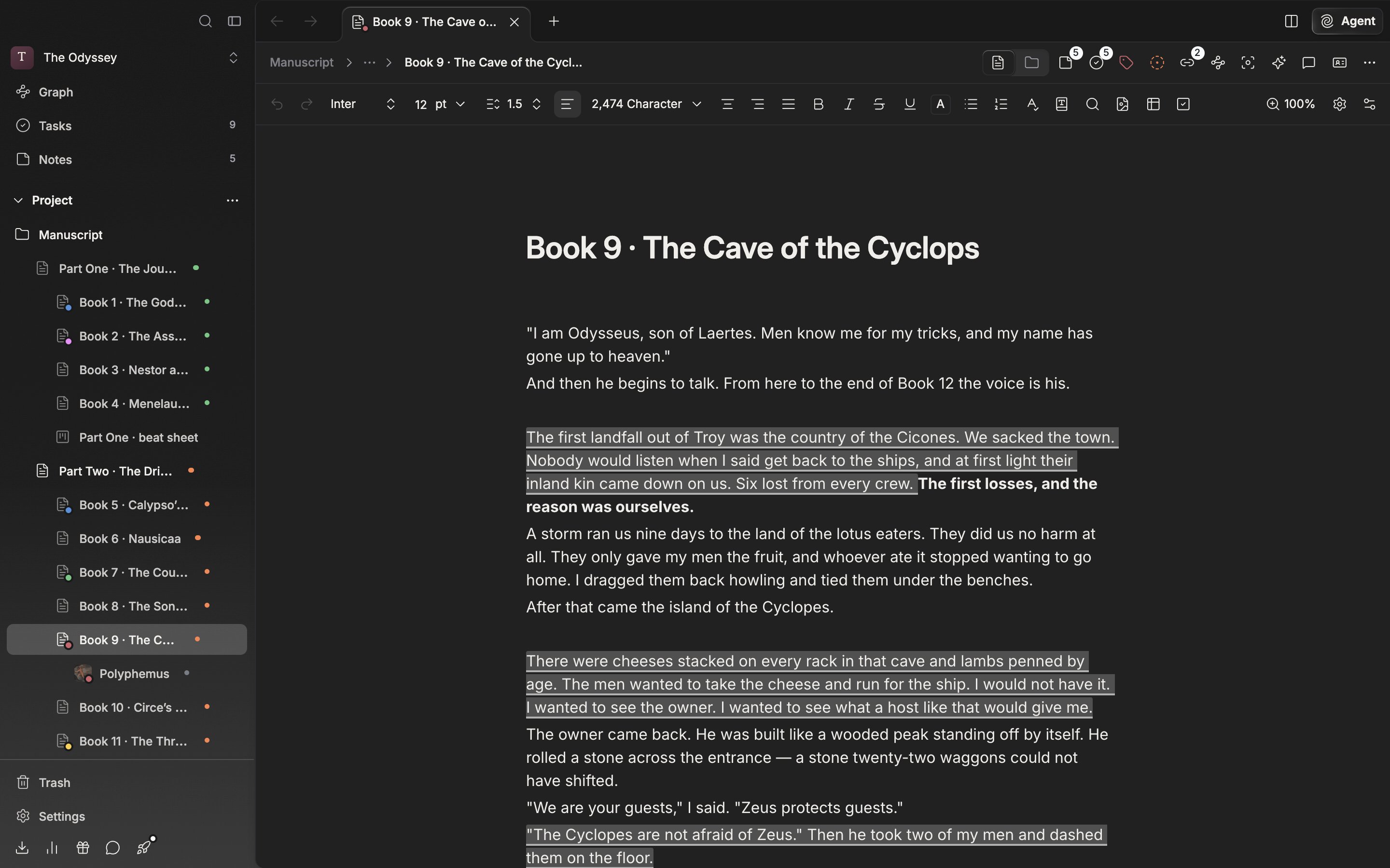 A document open in its default state. The formatting toolbar at the top runs from the left end (Undo) to the right end (Customize Toolbar) in one uncut row, with two or three paragraphs of manuscript below it. No dropdown or popover is open.