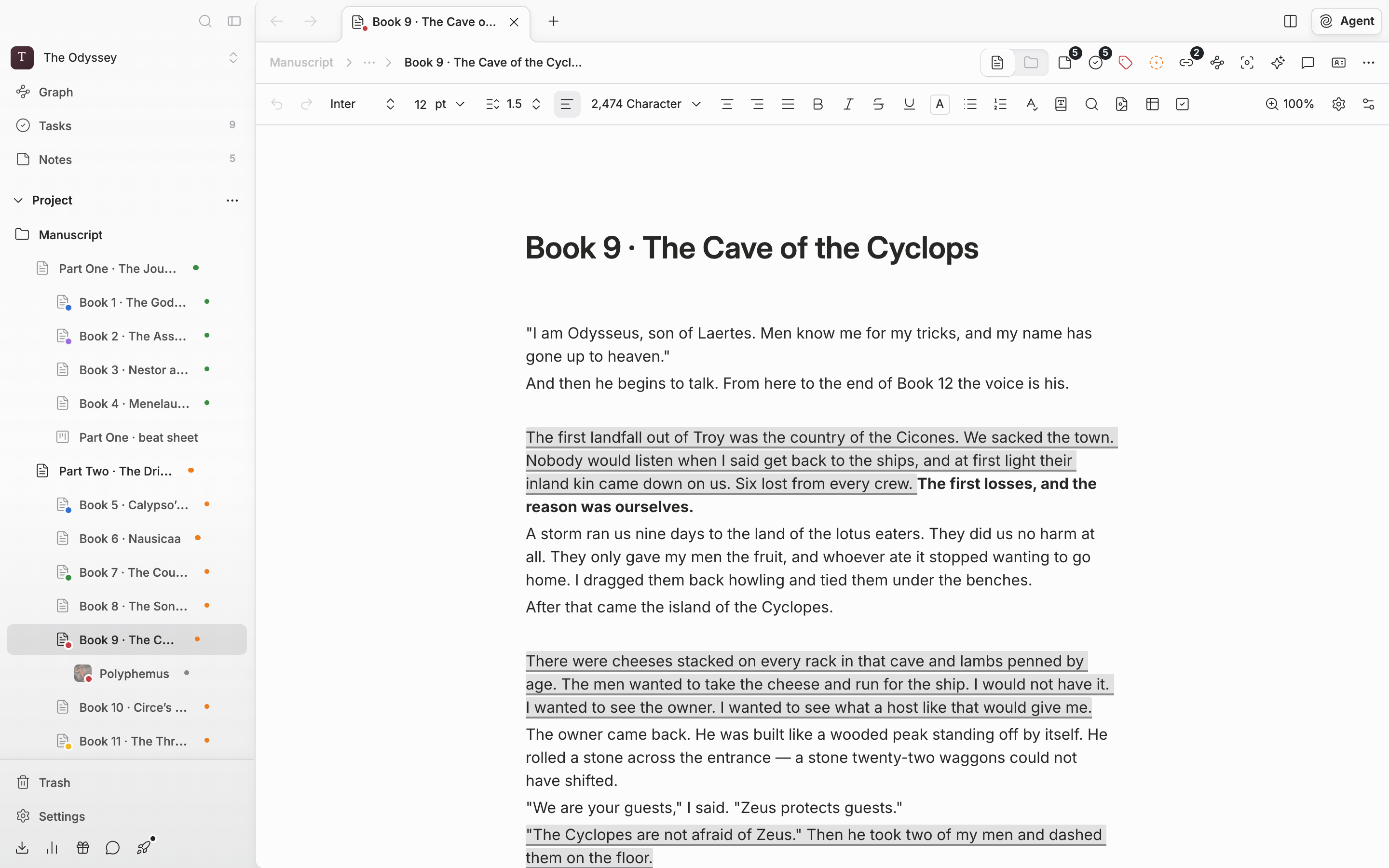 A document open in its default state. The formatting toolbar at the top runs from the left end (Undo) to the right end (Customize Toolbar) in one uncut row, with two or three paragraphs of manuscript below it. No dropdown or popover is open.