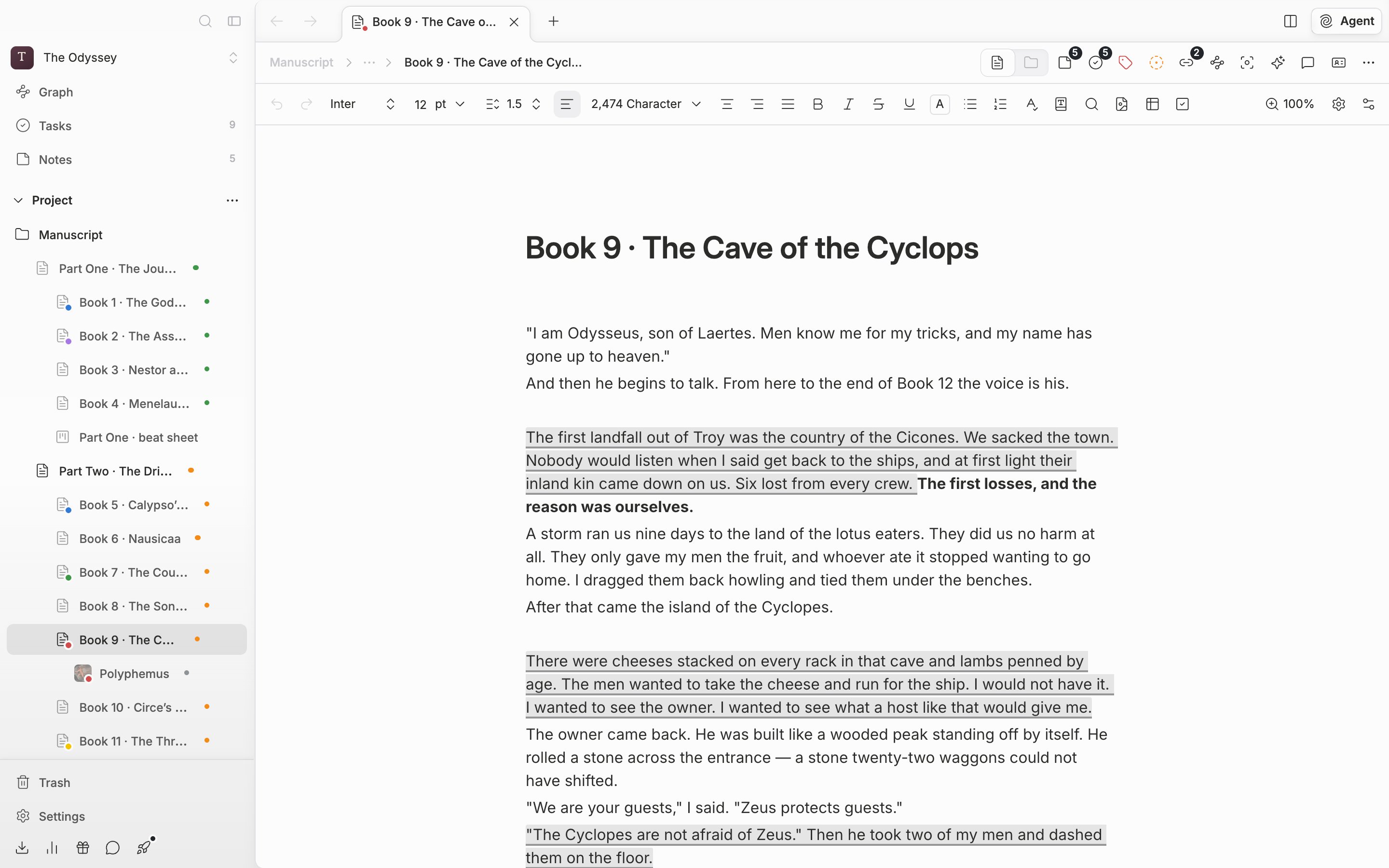 A document open in its default state. The formatting toolbar at the top runs from the left end (Undo) to the right end (Customize Toolbar) in one uncut row, with two or three paragraphs of manuscript below it. No dropdown or popover is open.