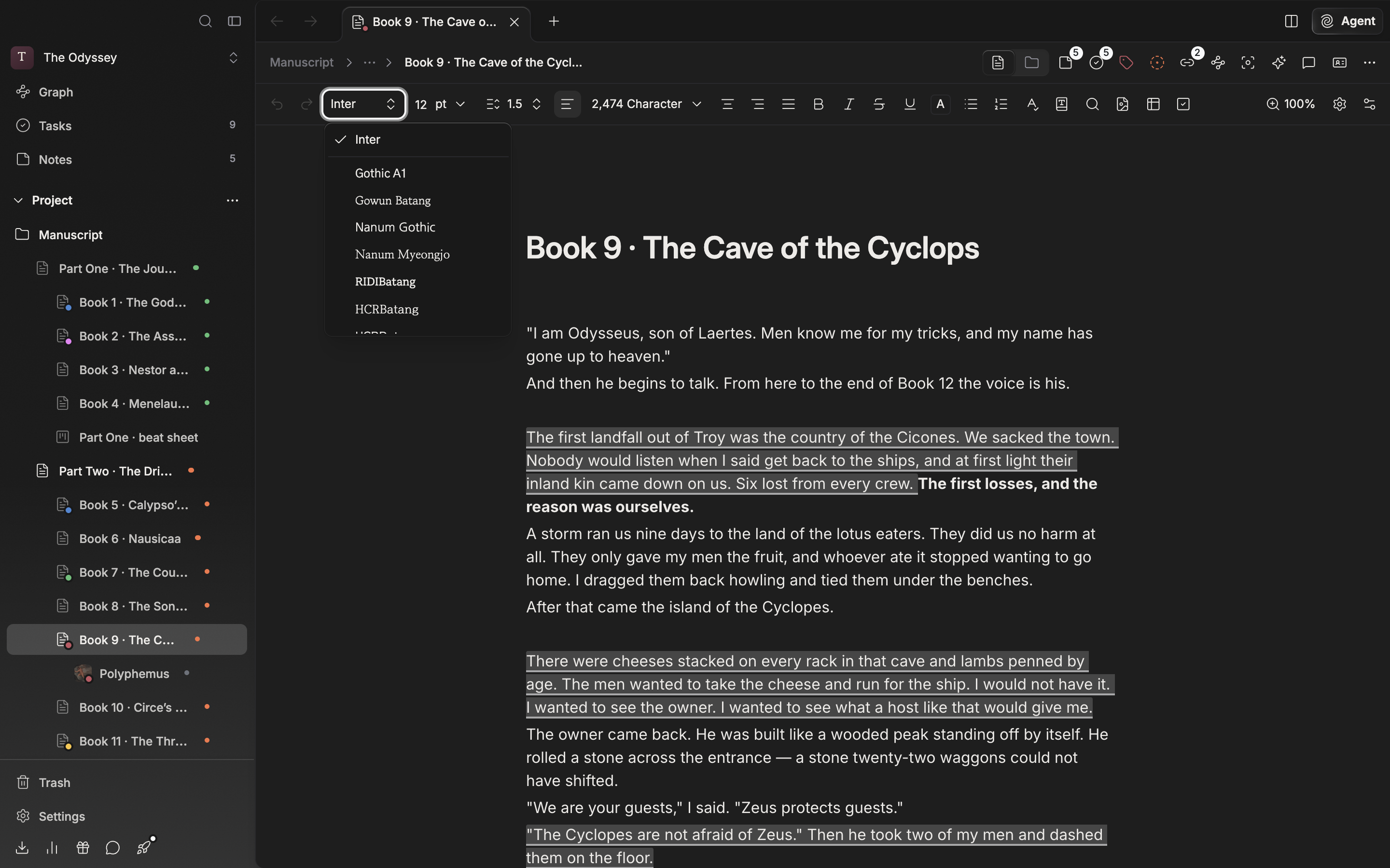 The font dropdown open. The default font at the top, a divider, and the list of Korean fonts below it.
