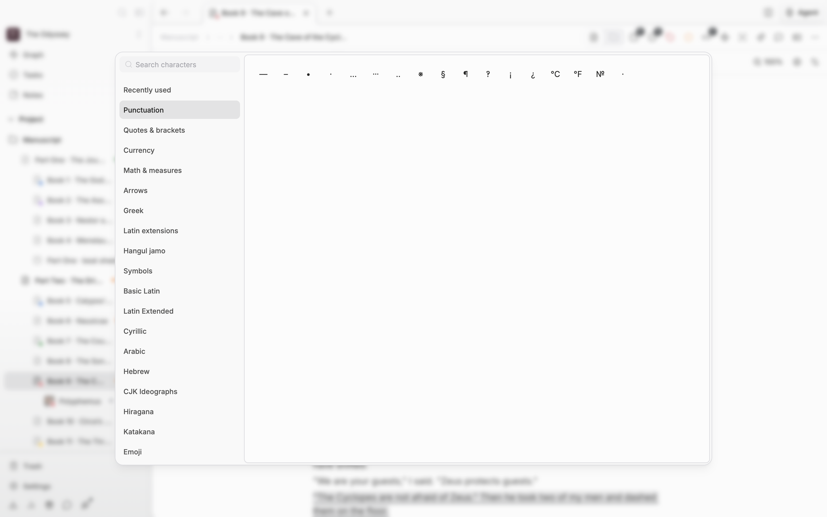 The character map open with the Punctuation category selected, the search field and category list on the left, and the grid on the right filled with characters.