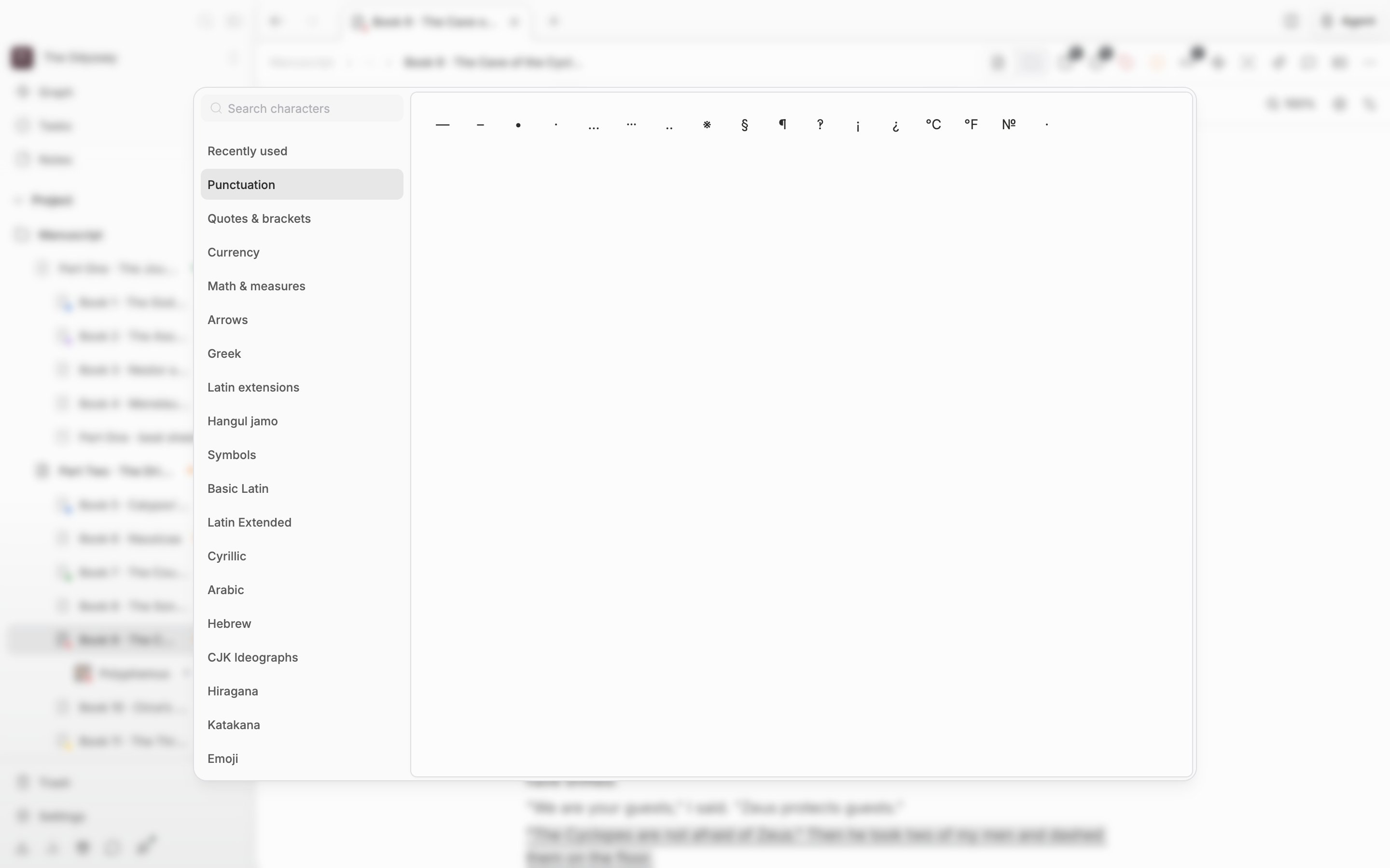 The character map open with the Punctuation category selected, the search field and category list on the left, and the grid on the right filled with characters.